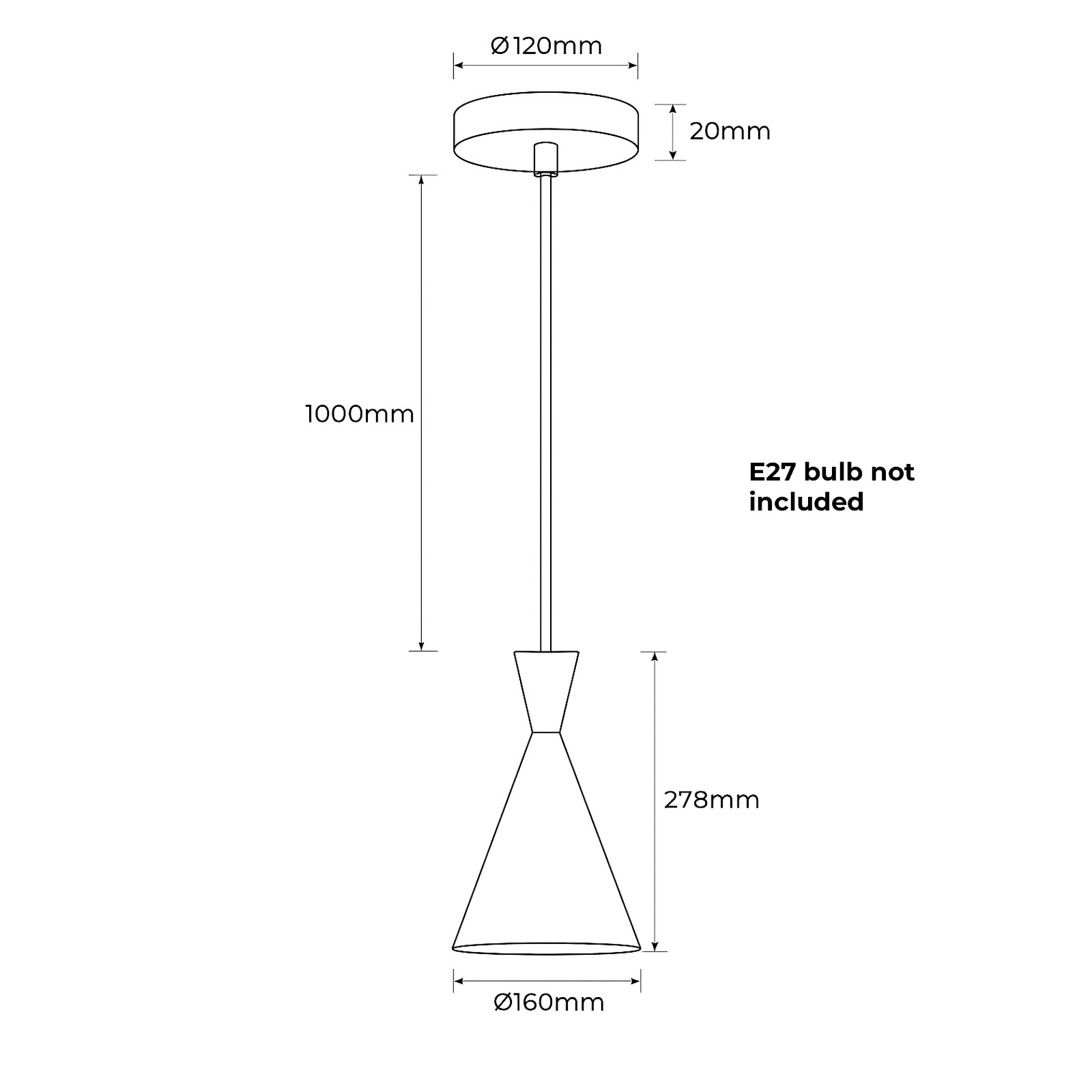 Un dibujo técnico de una lámpara colgante. Las dimensiones están etiquetadas en milímetros. No incluye bombilla E27.