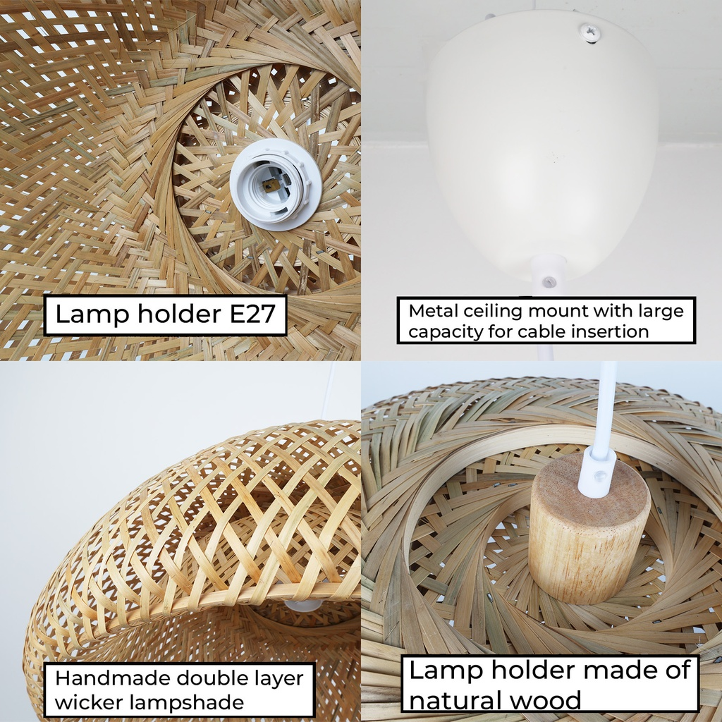 Primer plano de los componentes de una pantalla de lámpara de bambú. Incluye portalámparas, montaje metálico y madera natural.