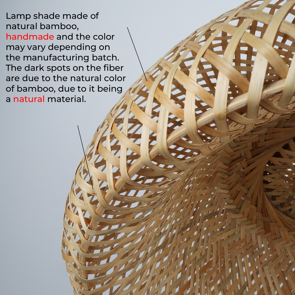 Primer plano de una pantalla de lámpara de bambú. El color puede variar, hecho a mano con manchas oscuras en la fibra.