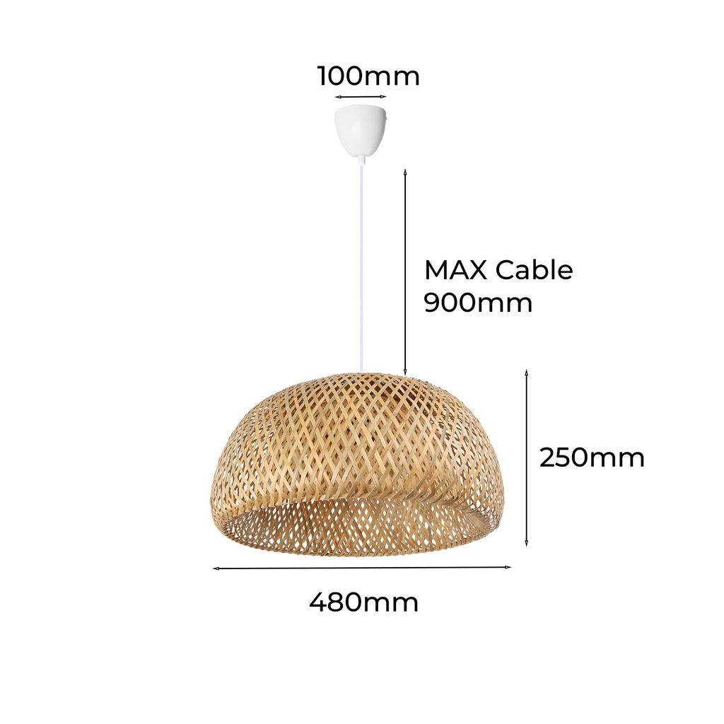 Una pantalla de lámpara de bambú tejido con dimensiones etiquetadas. Tiene una longitud máxima de cable de 900 mm y un diámetro de 480 mm.