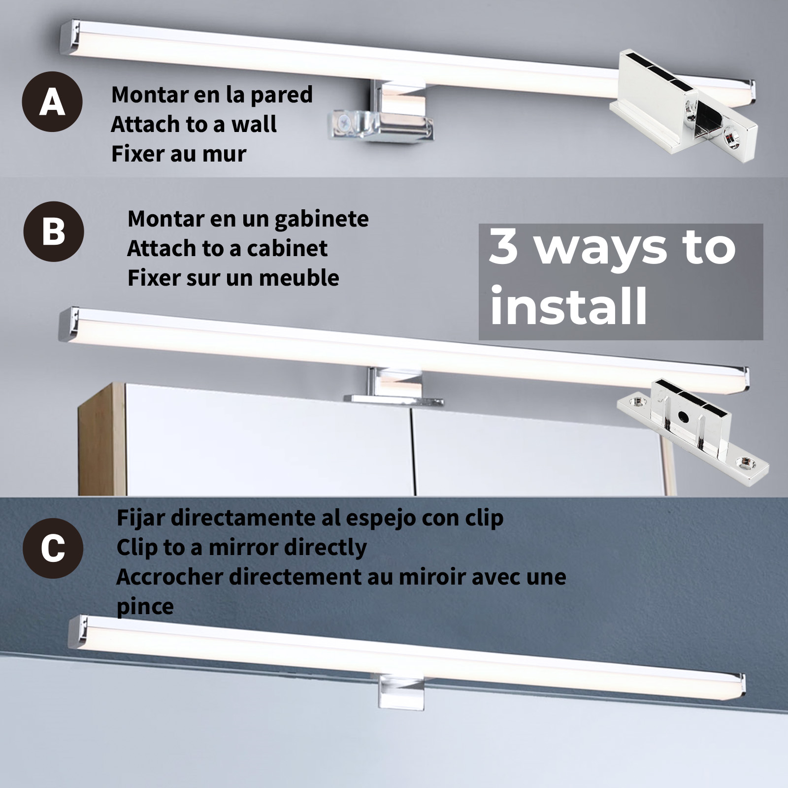 La imagen muestra 3 formas de instalar una luz de tocador. Las instrucciones están en varios idiomas. El fondo es gris.