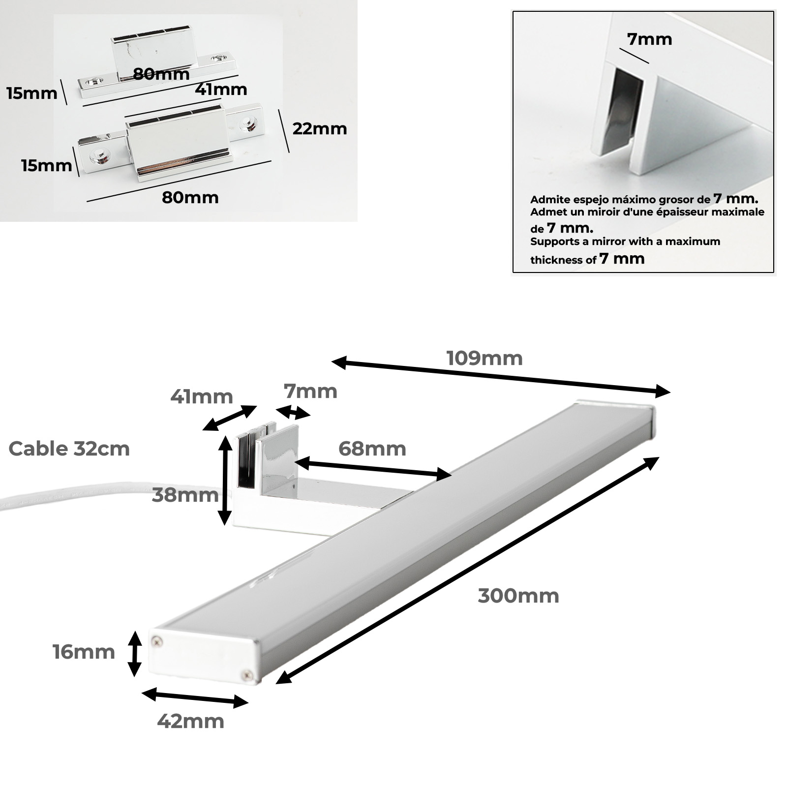 Diagrama de una luz de tocador con dimensiones en milímetros. Incluye un cuadro de texto con especificaciones.