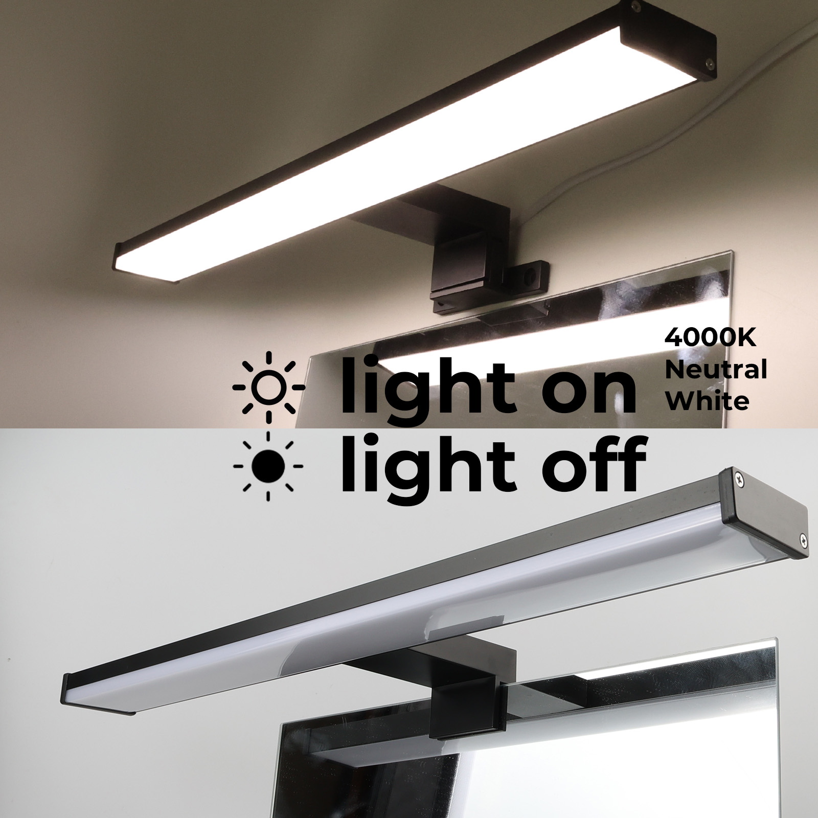 Una luz de tocador negra está montada encima de un espejo. La luz está encendida en la mitad superior. El fondo es gris.