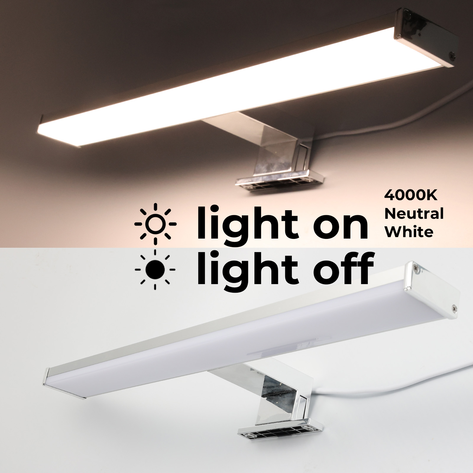 Una luz de tocador se muestra encendida y apagada. Es plateada y rectangular. La luz encendida es más brillante.