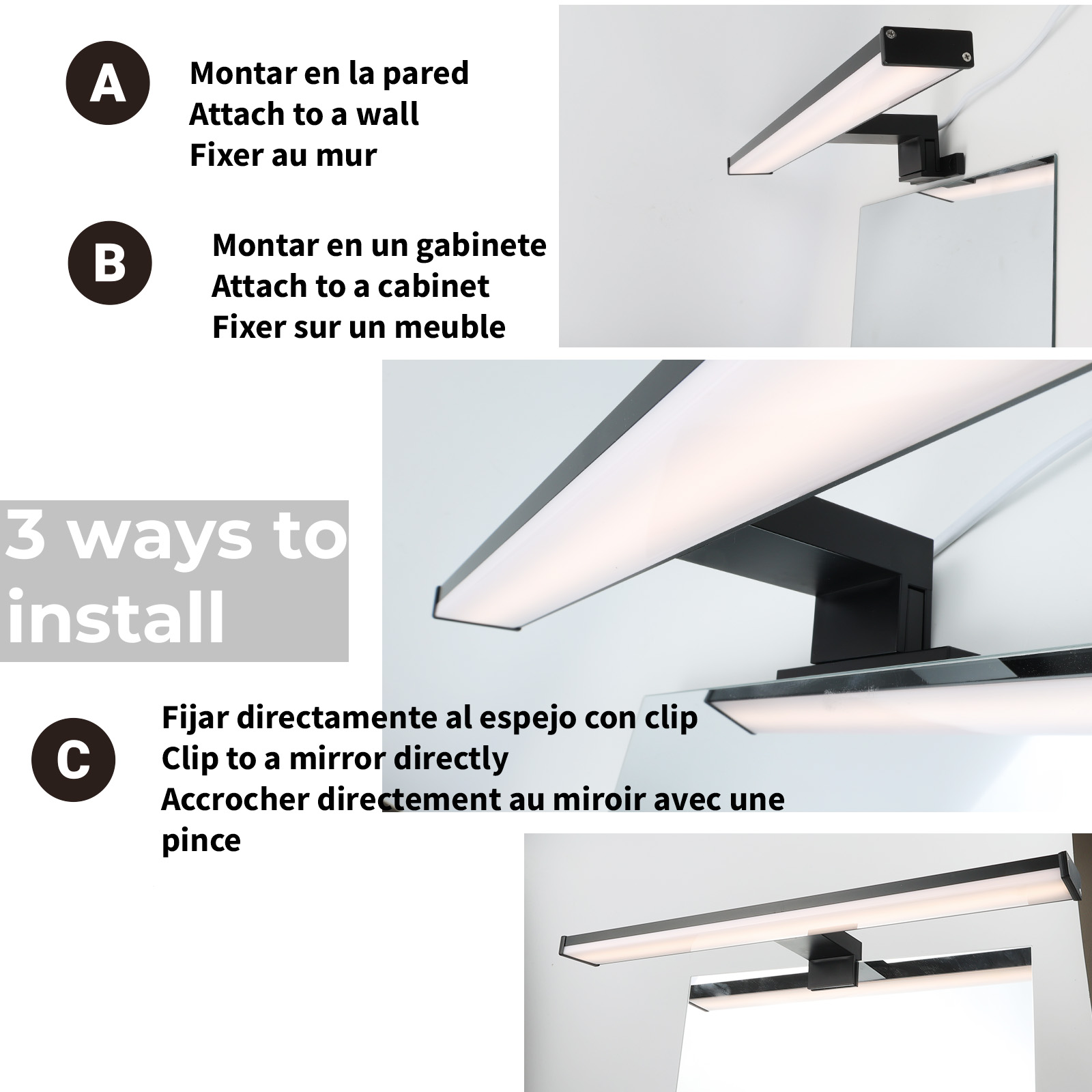 Una lámpara de espejo, montada en la pared. La lámpara es negra y rectangular.