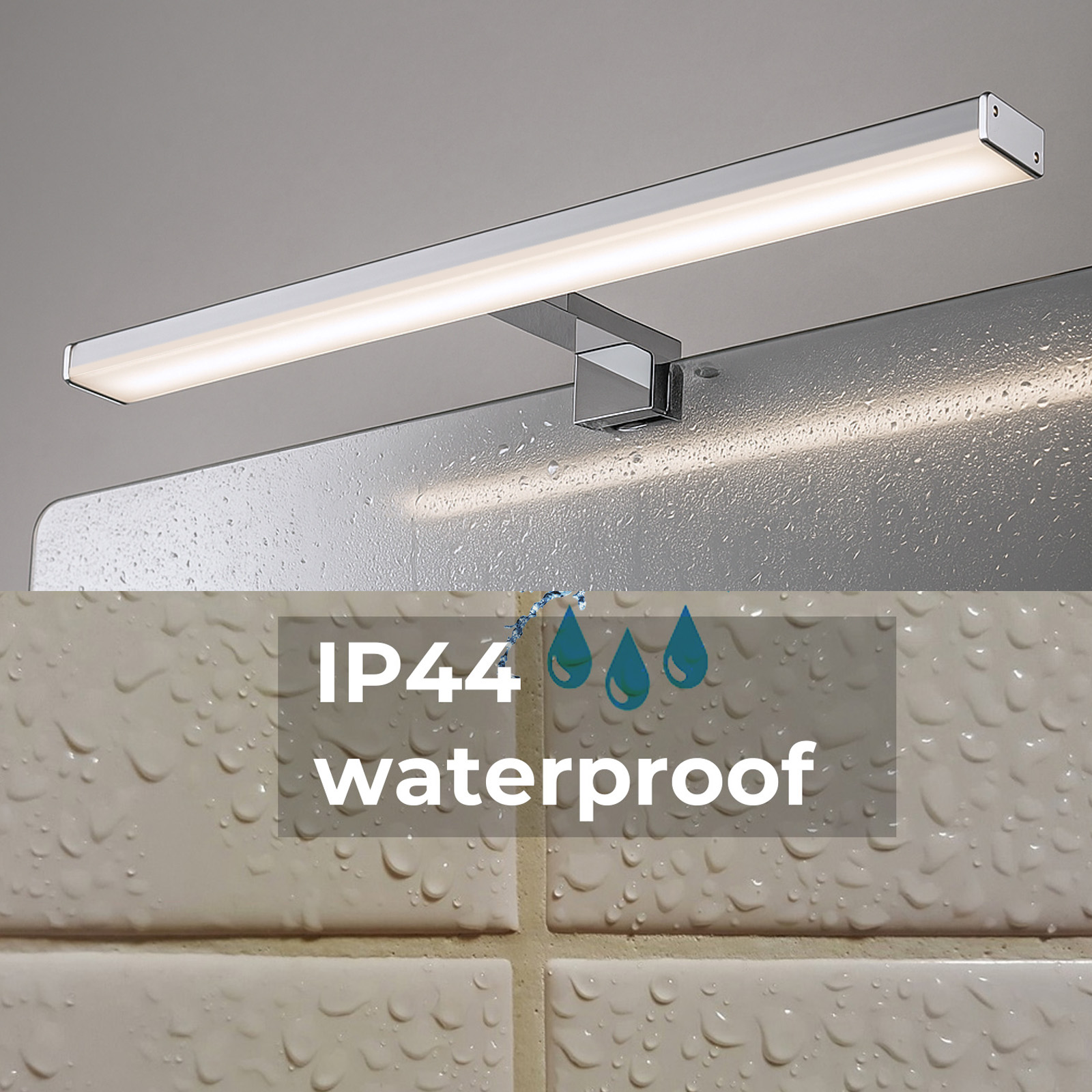Un aplique LED iluminado instalado sobre un espejo, con gotas de agua y el texto 'IP44 resistente al agua'.