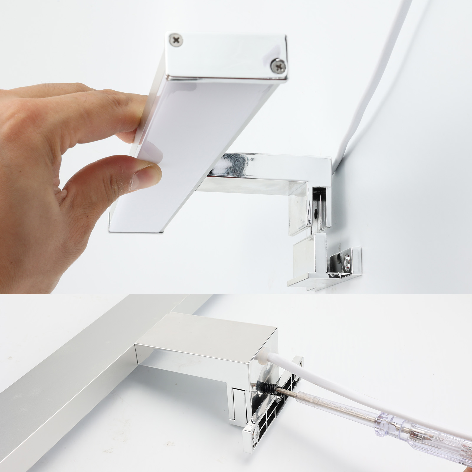 Se muestra la mano de una persona instalando una lámpara LED con un destornillador. El aplique es plateado.