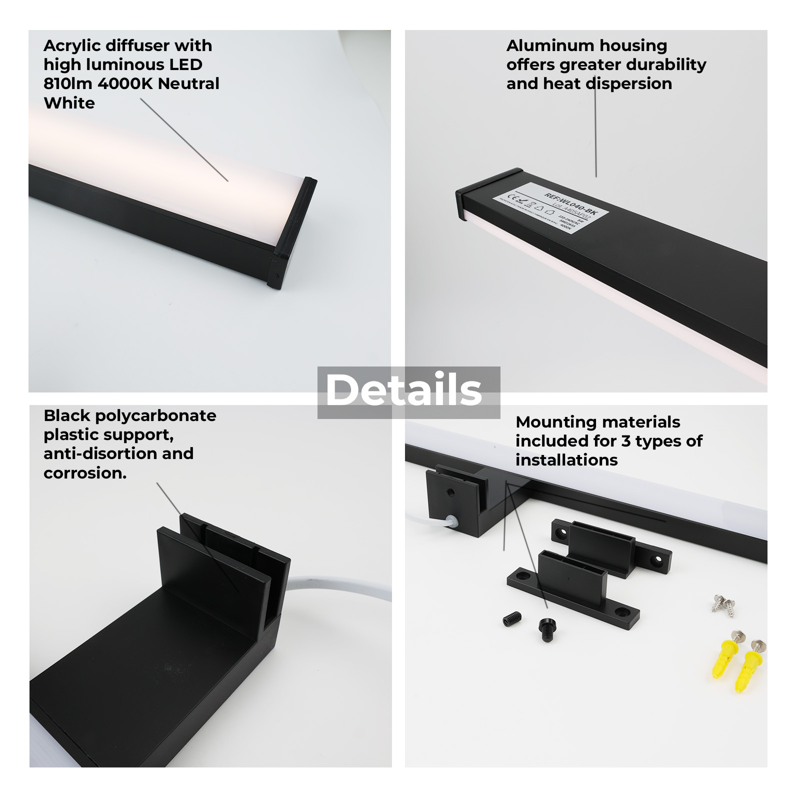 Primer plano de los detalles de un aplique LED con etiquetas. Incluye difusor acrílico, carcasa de aluminio y materiales de montaje.