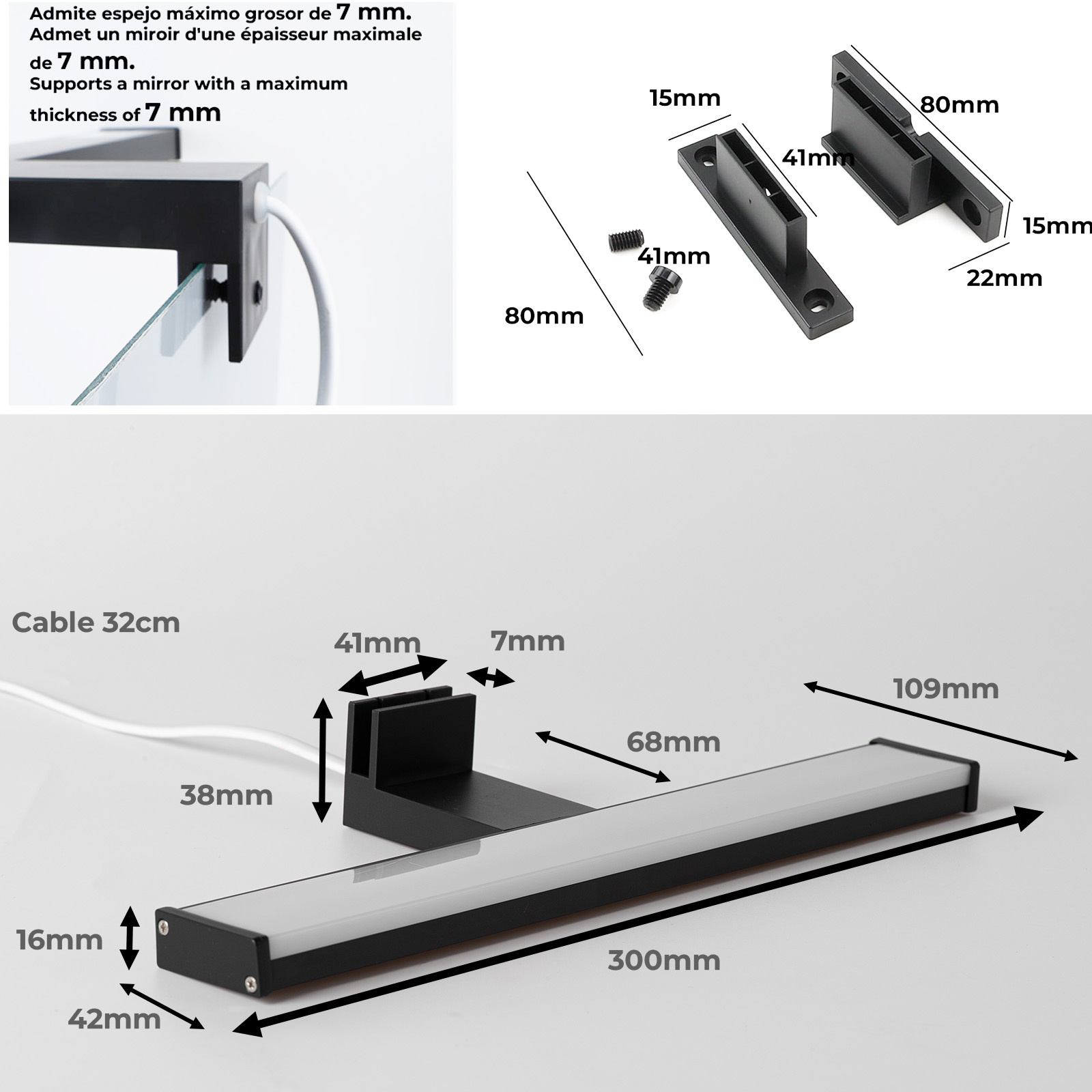 Diagrama con dimensiones de un aplique LED y sus componentes, incluida la base de montaje. Texto en varios idiomas.