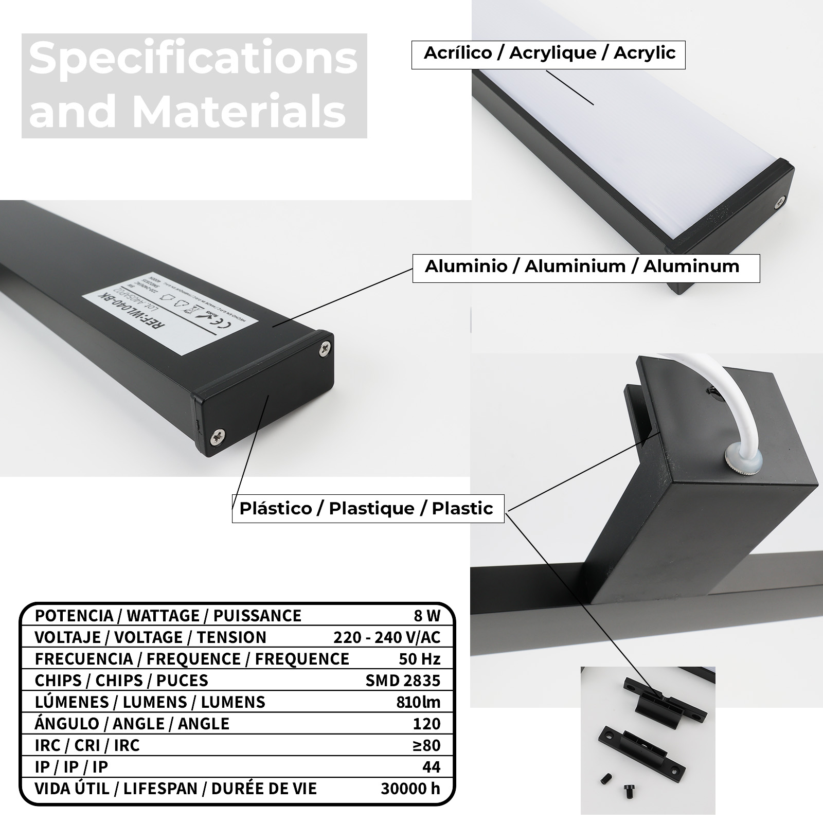 Diagrama de un aplique LED que muestra sus partes, materiales y especificaciones, incluyendo vatios y voltaje.