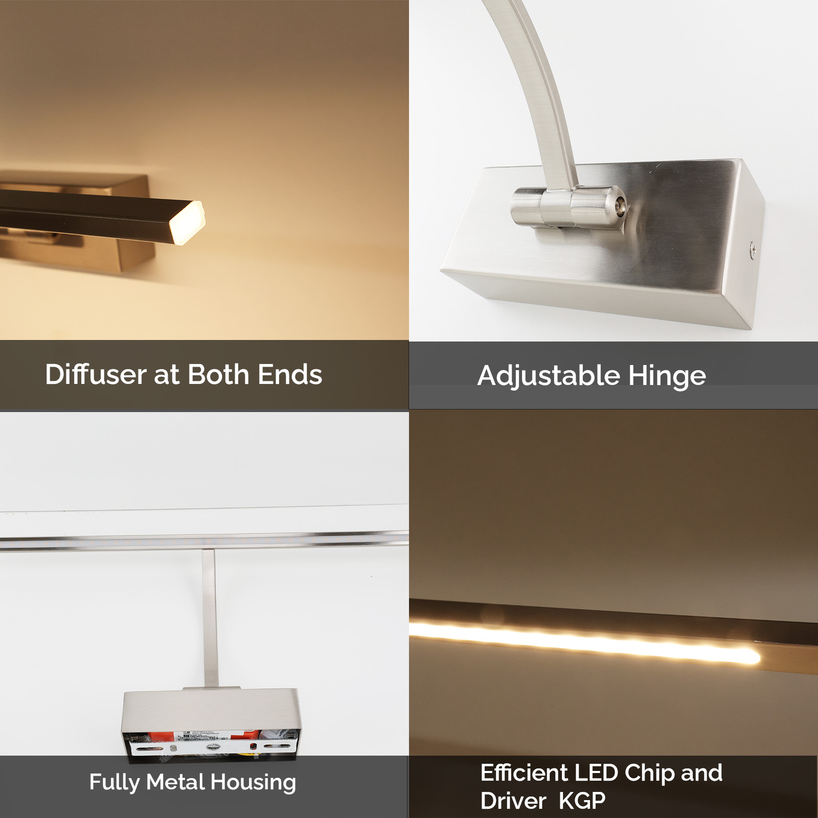 Primeros planos de una lámpara LED: difusor, bisagra ajustable, carcasa metálica y chip LED.