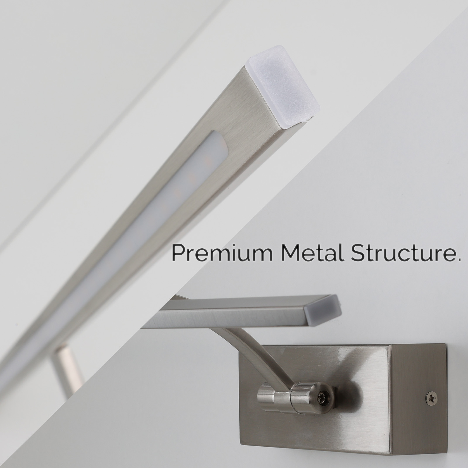 Primer plano de una luminaria plateada. Tiene una base rectangular y una barra larga e iluminada. Texto: Estructura metálica premium.