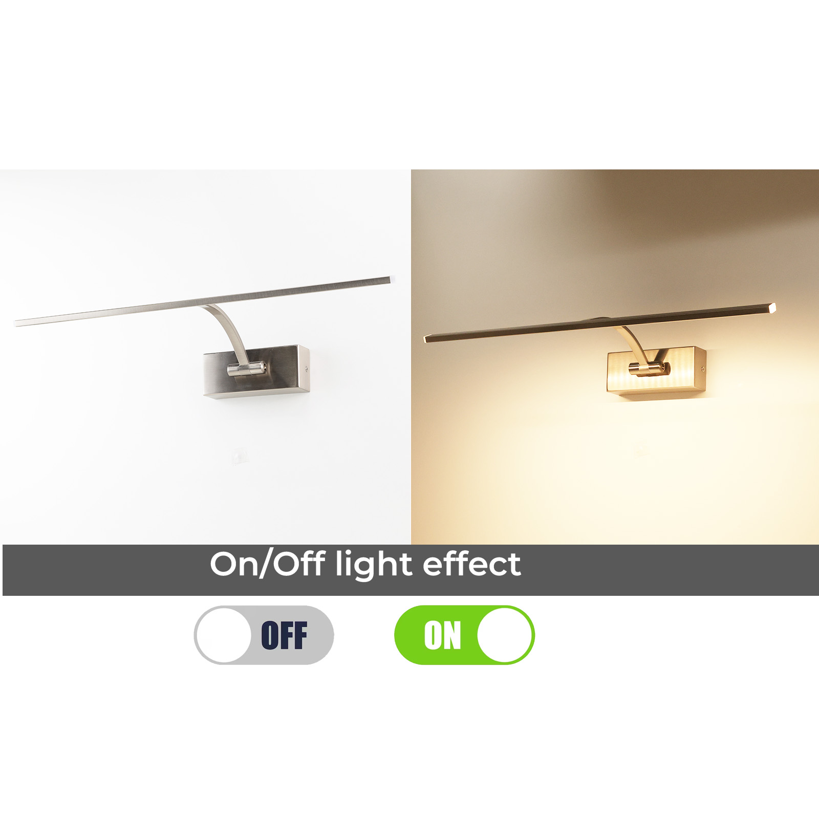Dos imágenes de una luz LED. Una está apagada y otra encendida. El texto debajo dice 'Efecto de luz encendido/apagado'.