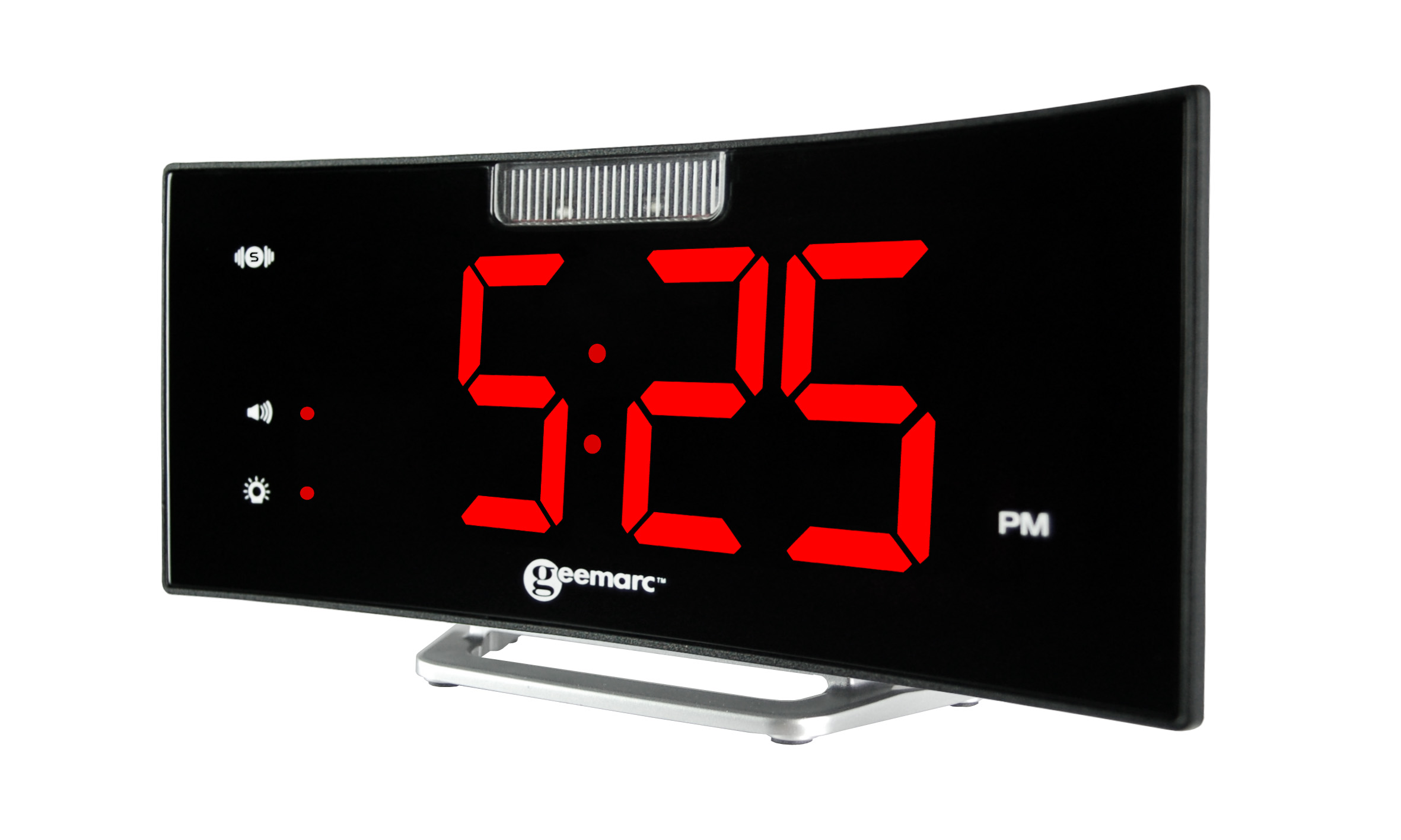 Sveglia digitale nera curva che mostra le 17:25. L'orologio ha un display rosso, una base argentata e il marchio Geemarc.