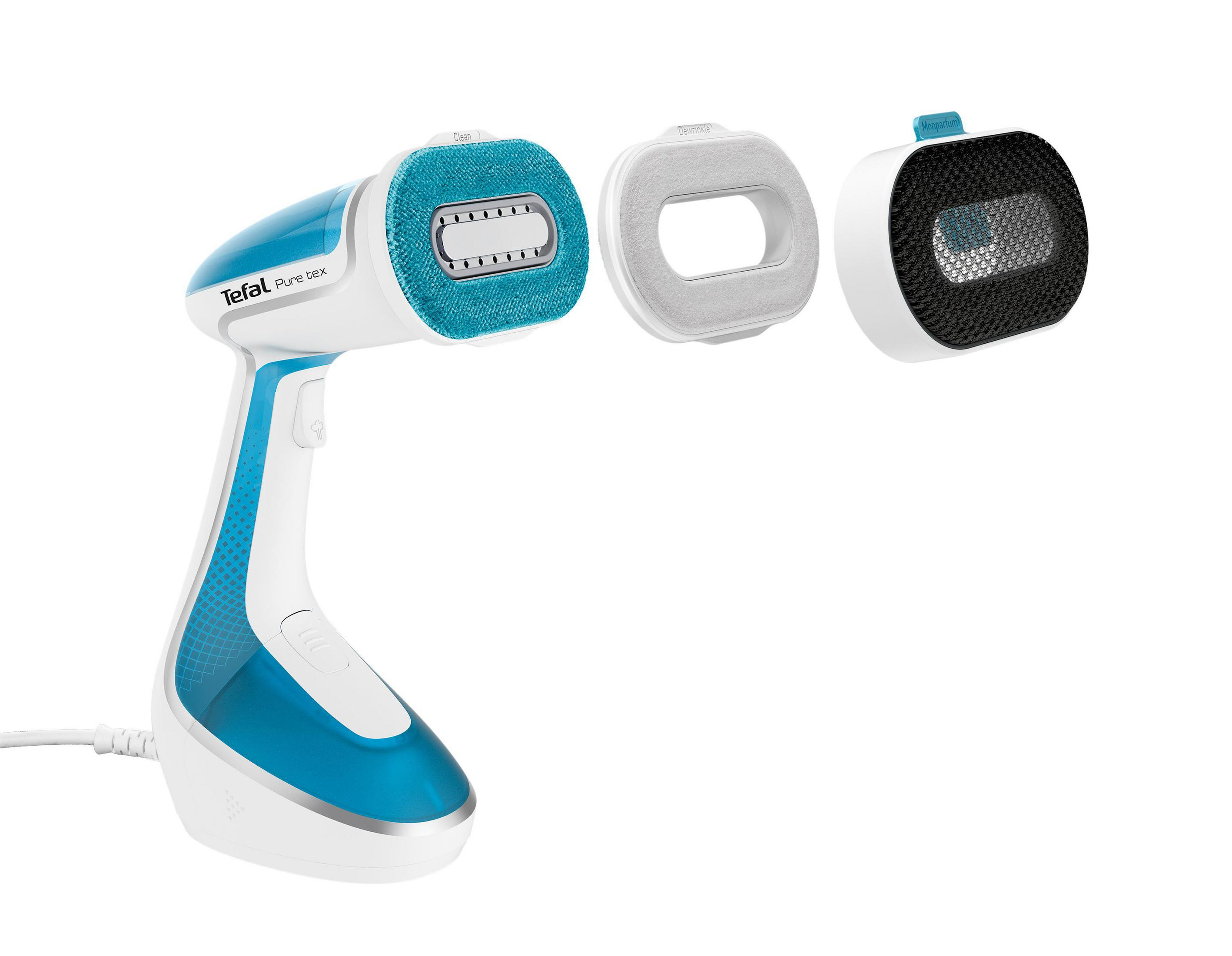 Niebiesko-biała parownica do ubrań z odpinanymi głowicami, na białym tle.