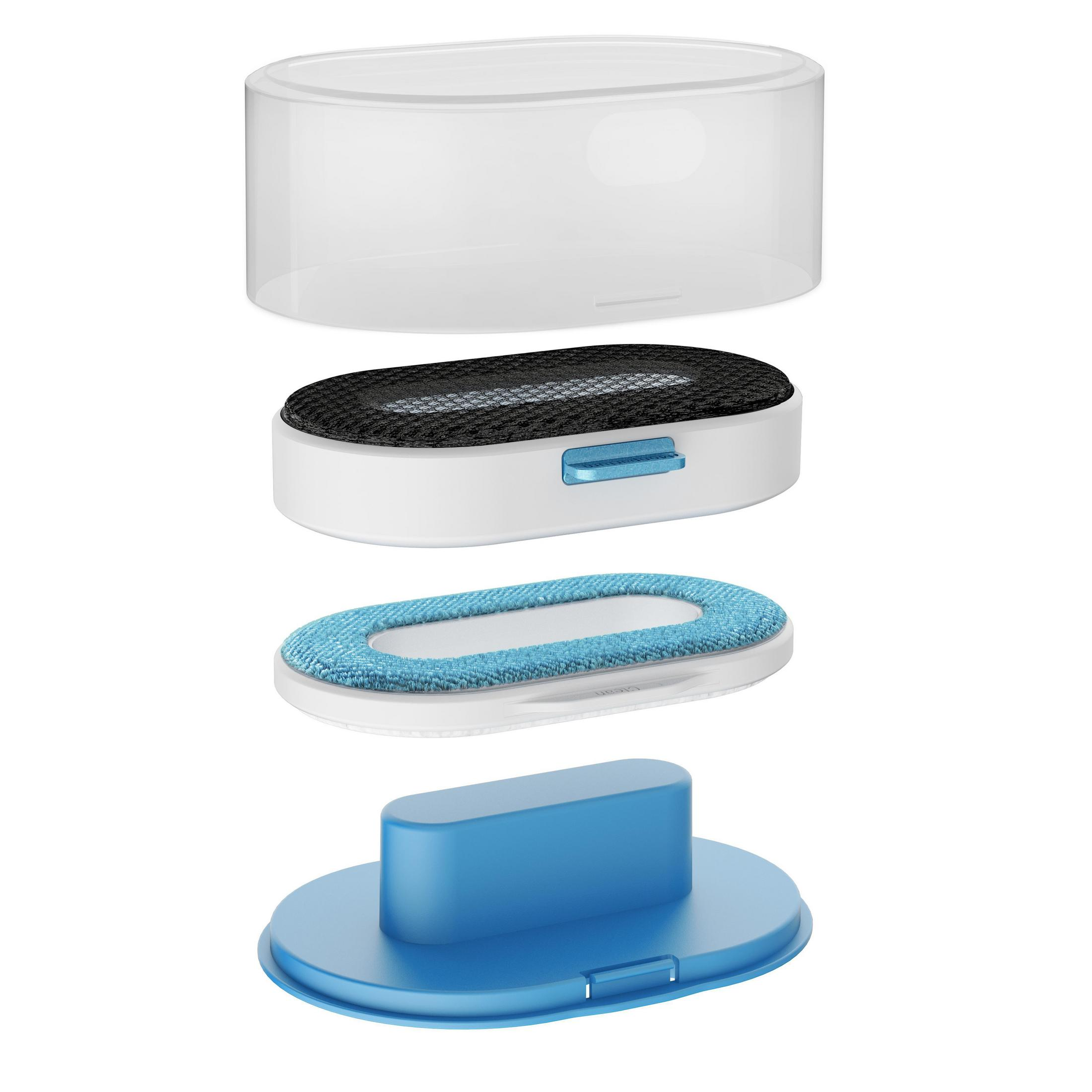 Widok rozłożony narzędzia do czyszczenia: przezroczysta osłona, filtr, niebieska wkładka i niebieska podstawa.
