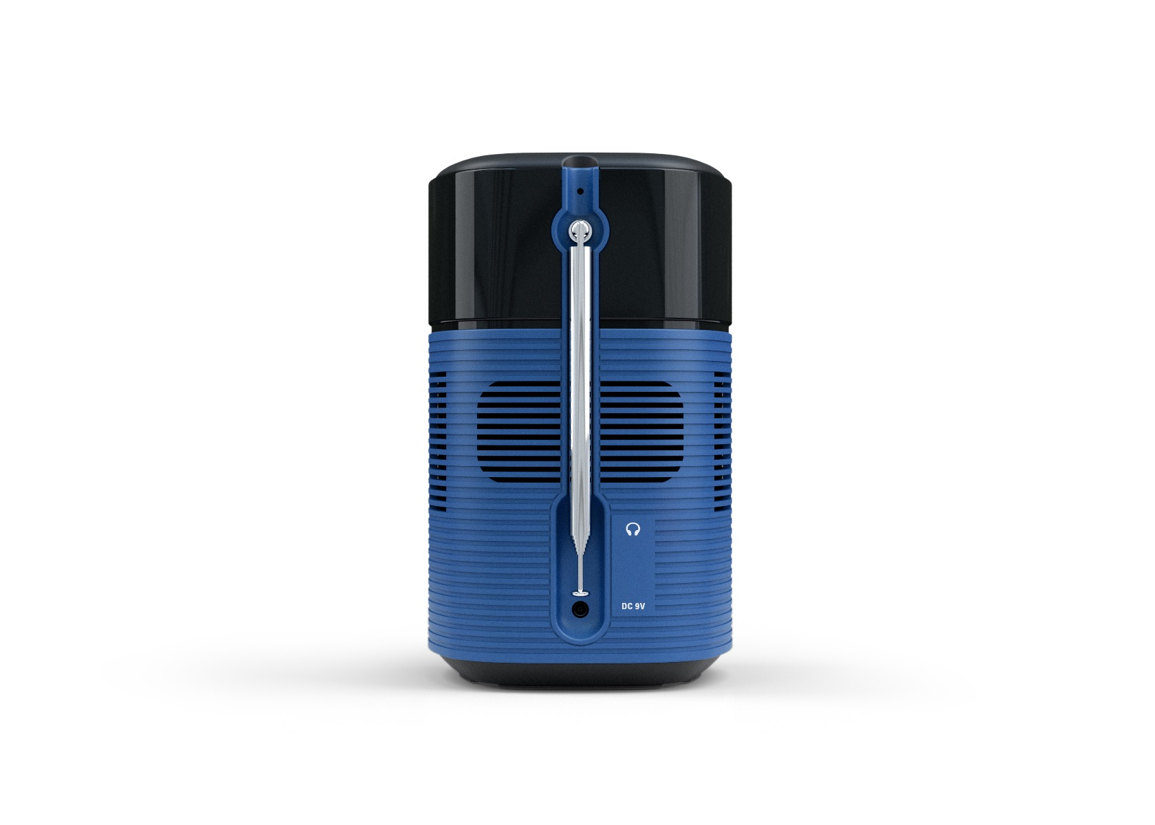 A blue and black retro-style radio with a silver antenna and a DC power input.