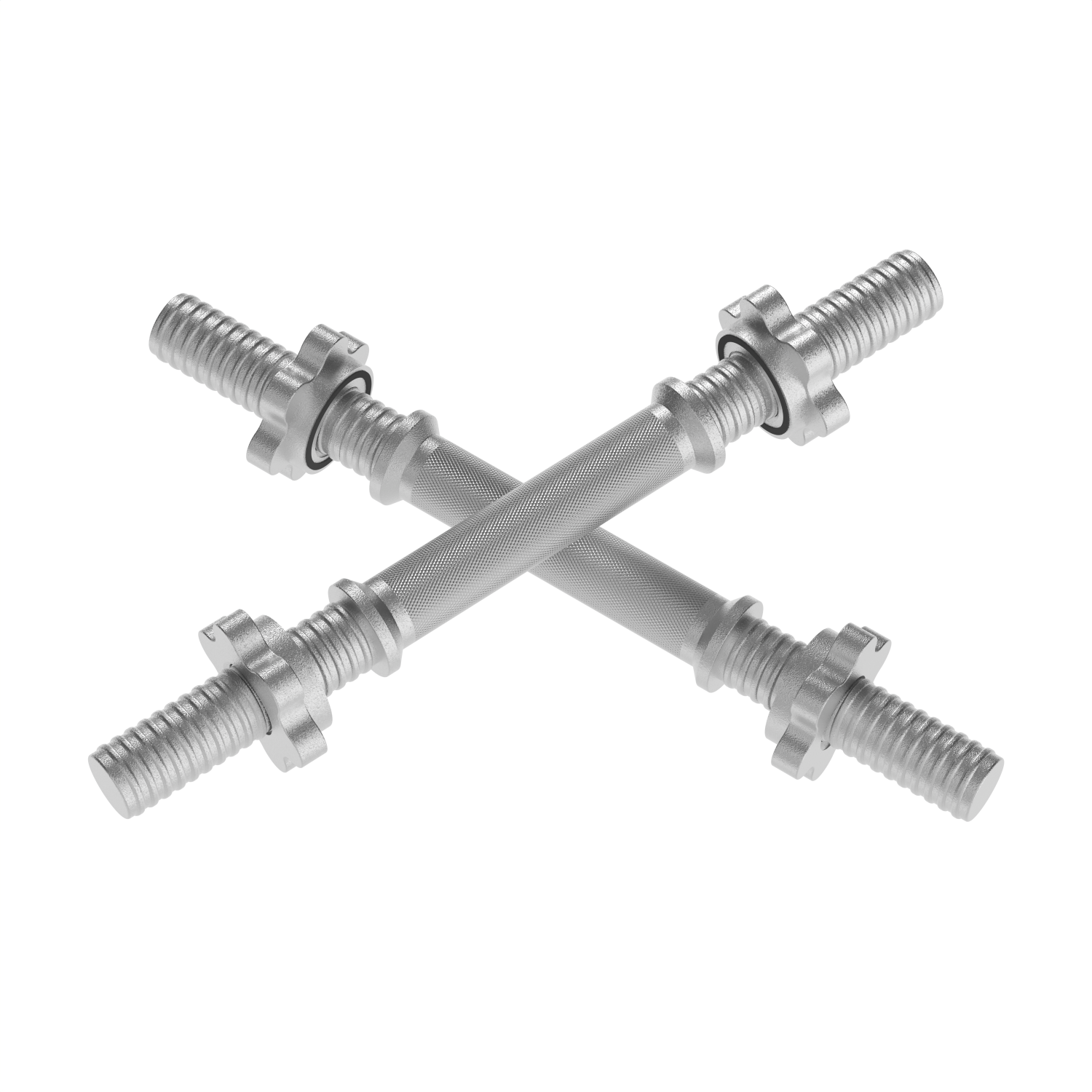 Two silver dumbbells crossed on a white background. They are horizontal, with textured handles and weight plates at the ends.