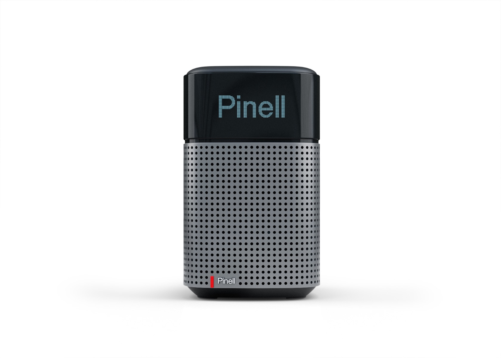 A black and silver speaker with the name 'Pinell' on the top.