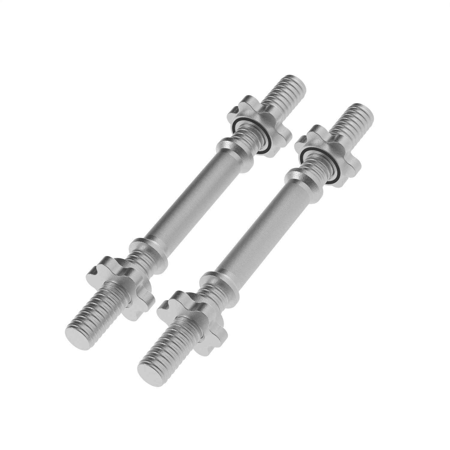 Two silver dumbbells with weight fasteners, angled on a white background.