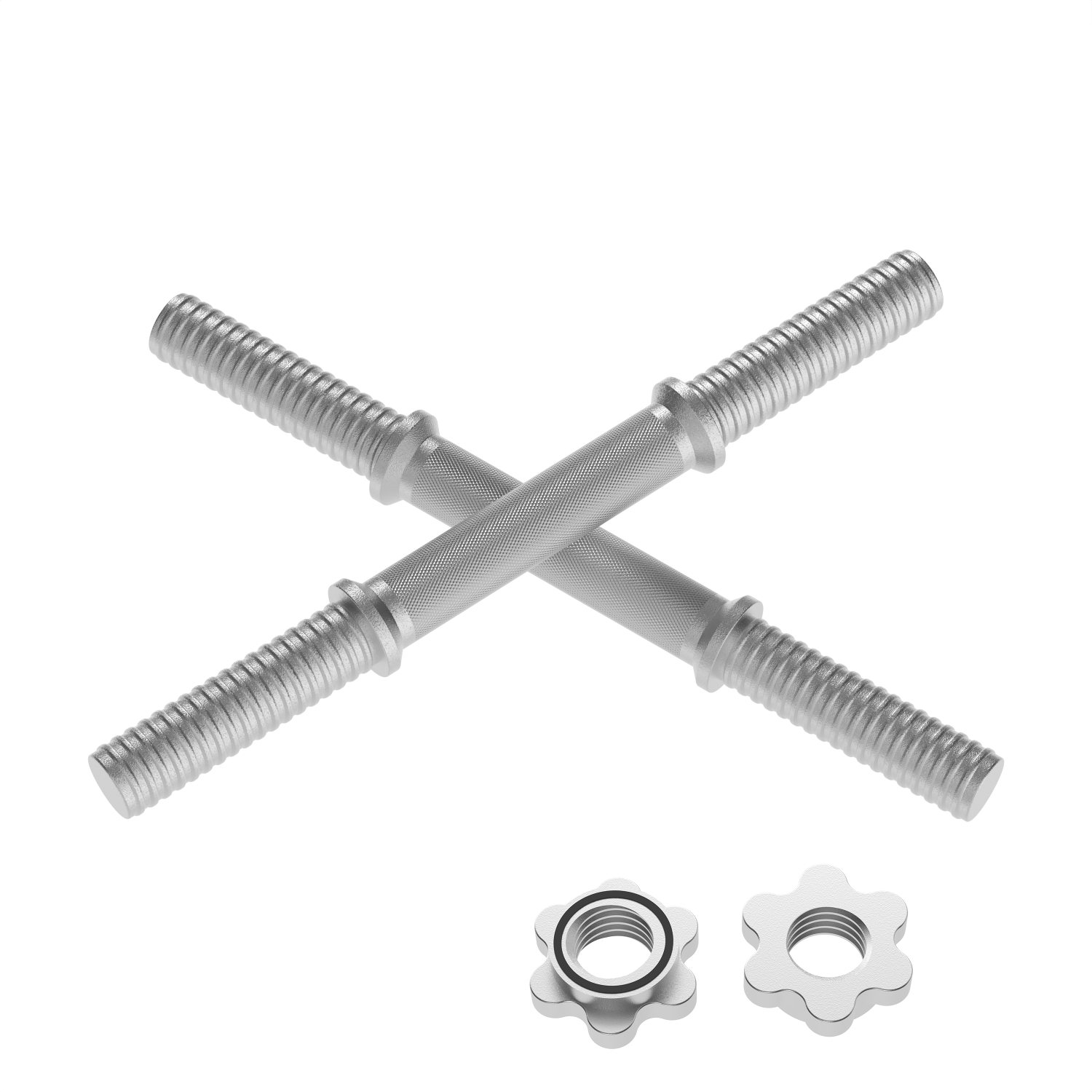Two silver dumbbell bars crossed with weight fasteners below.