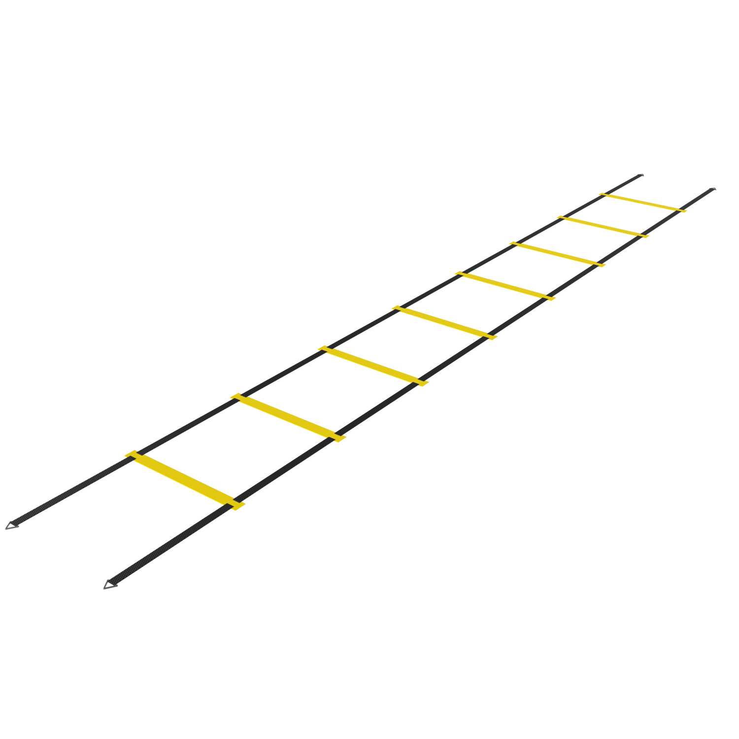 An agility ladder with yellow rungs on a black background, angled from left to right.