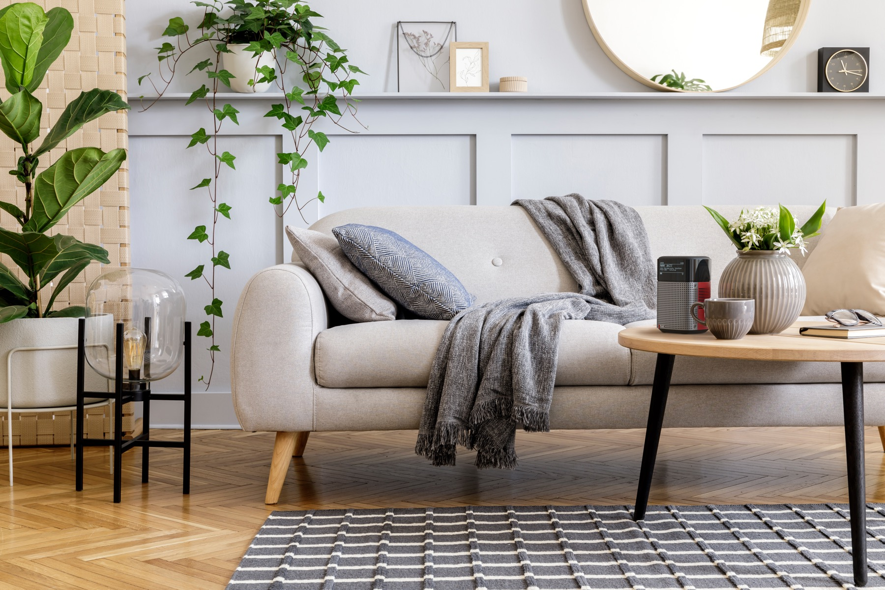A modern living room with a sofa, pillows, rug, plants, and a table with a speaker.