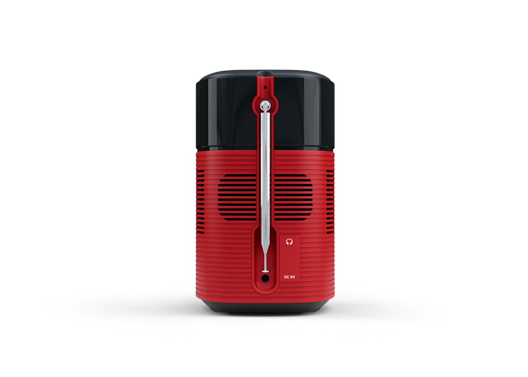 Rear view of a red and black radio speaker. It has a red body with a black top. A silver antenna and a headphone jack are also visible.