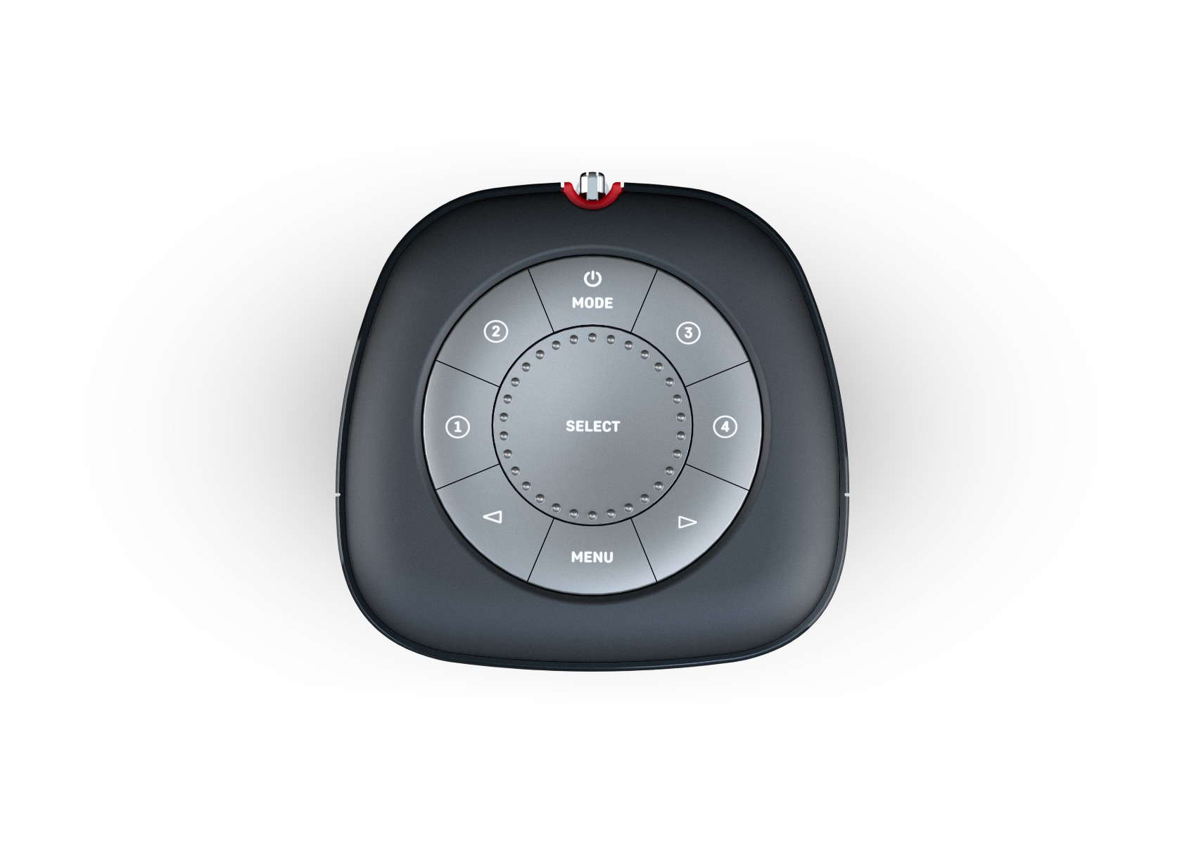 Black, oval remote control with a central select button and numbered directional keys. Power and menu buttons are visible.