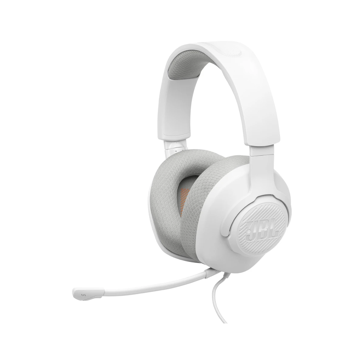 Białe słuchawki JBL z mikrofonem. Szare nauszniki i biały pałąk, logo JBL widoczne na muszlach.