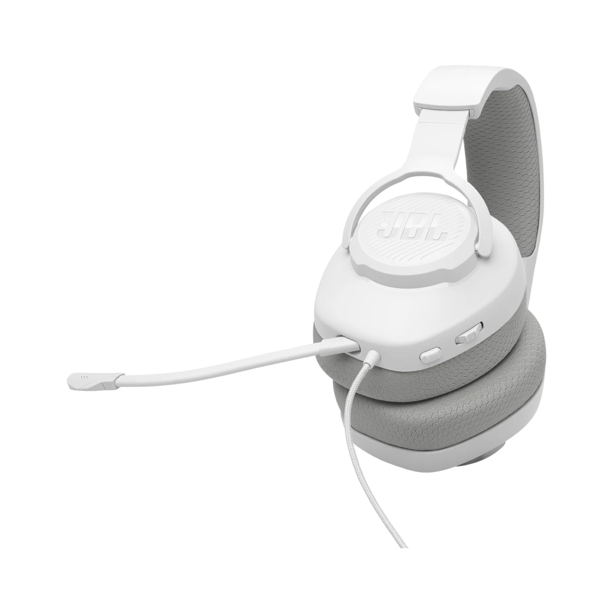 Biało-szare słuchawki JBL z mikrofonem. Słuchawki mają logo JBL i przełącznik. Tło jest białe.