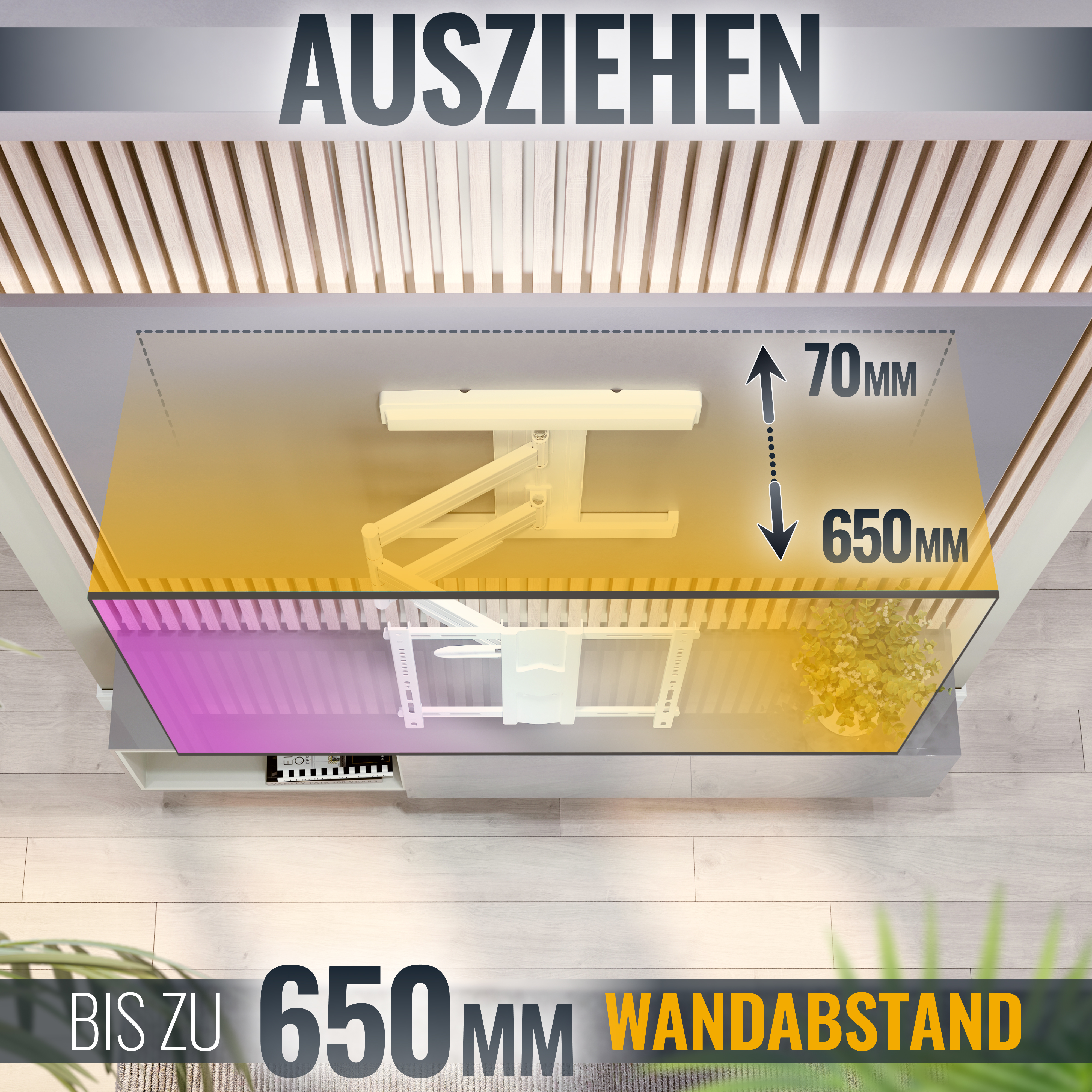 Diagramm einer Decken-TV-Halterung mit Maßen, 650 mm Wandabstand.