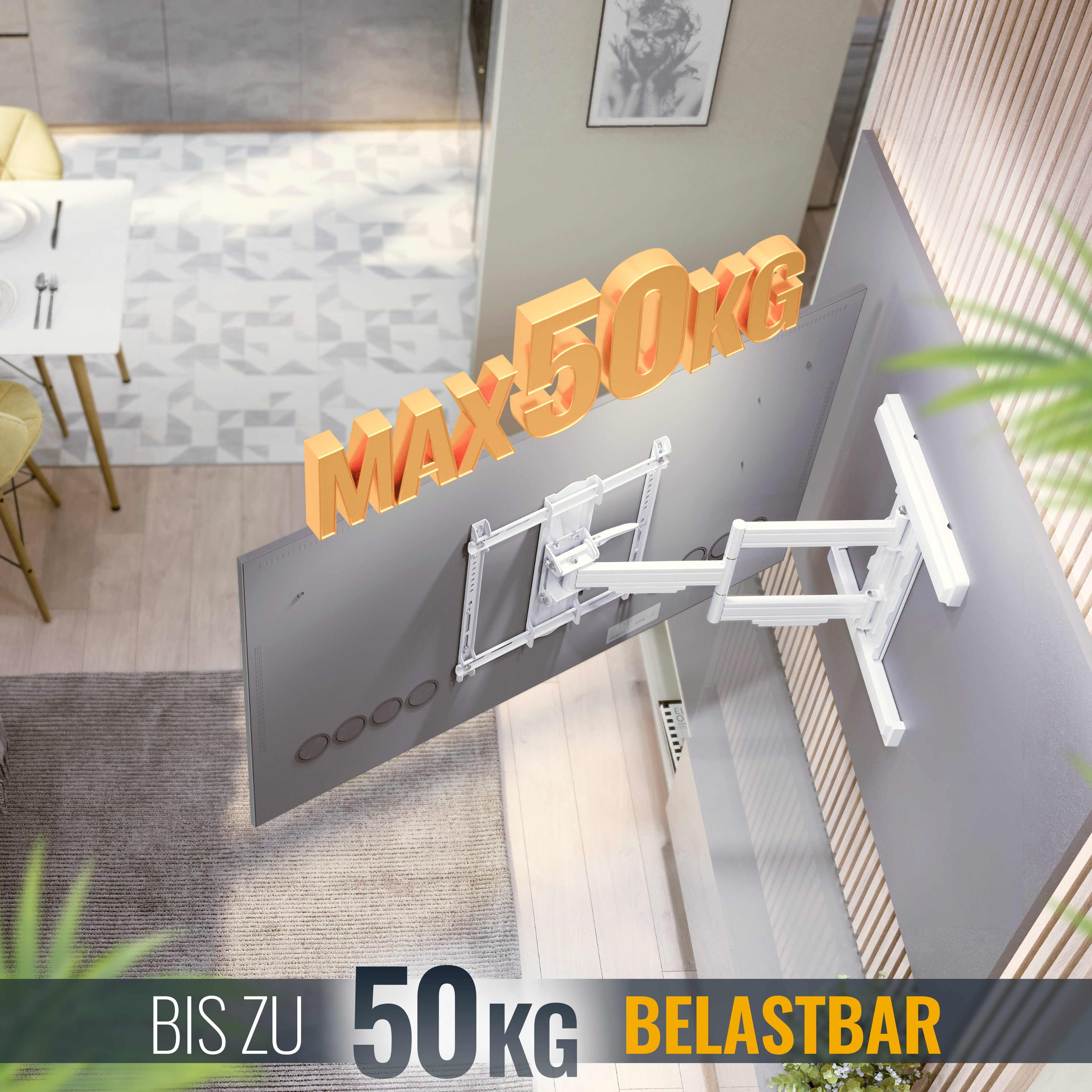Wand-TV-Halterung, max. 50 kg, gelb-weißes Design, in einem Wohnzimmer.