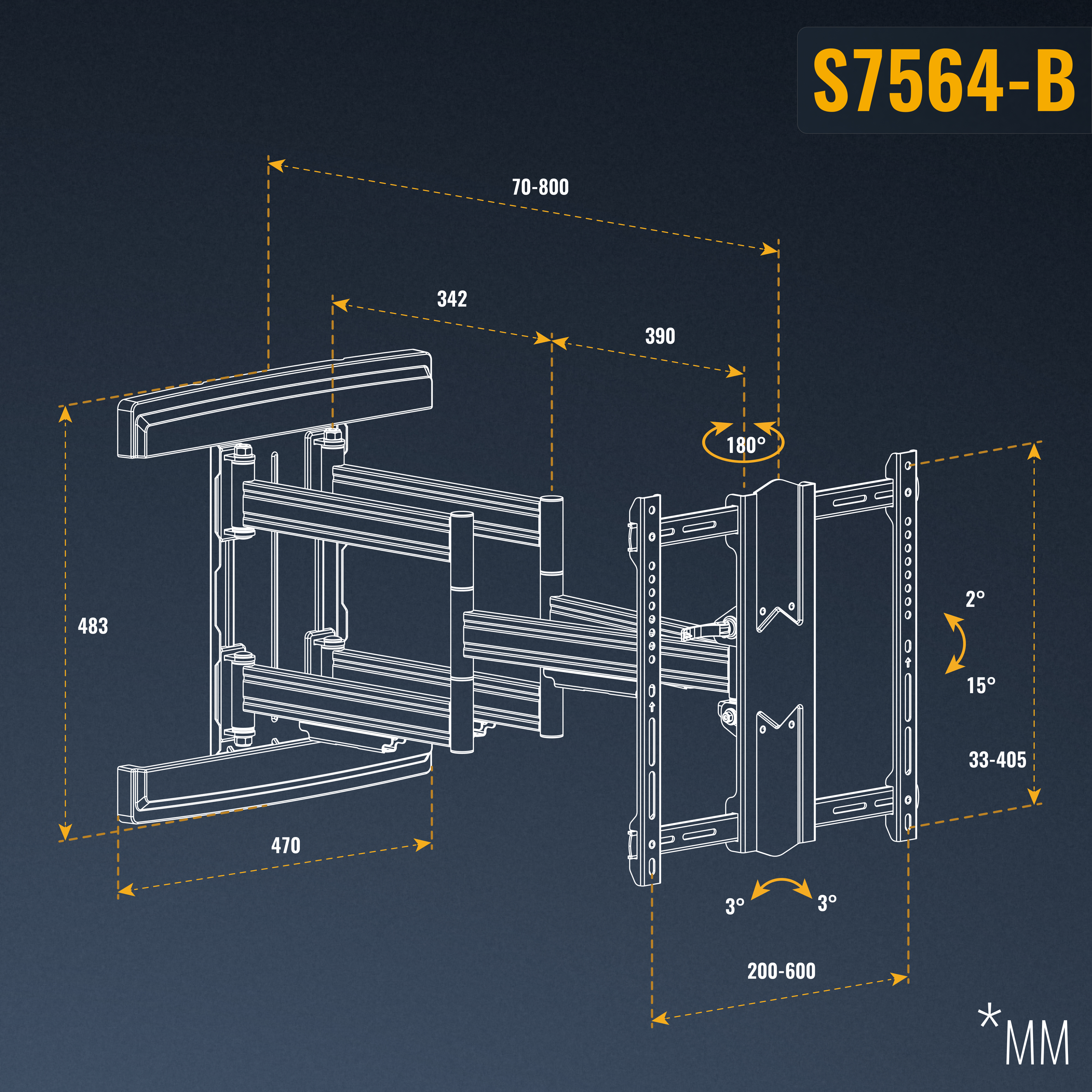 Technische Zeichnung einer TV-Halterung, Maße und Winkel, Modell S7564-B.