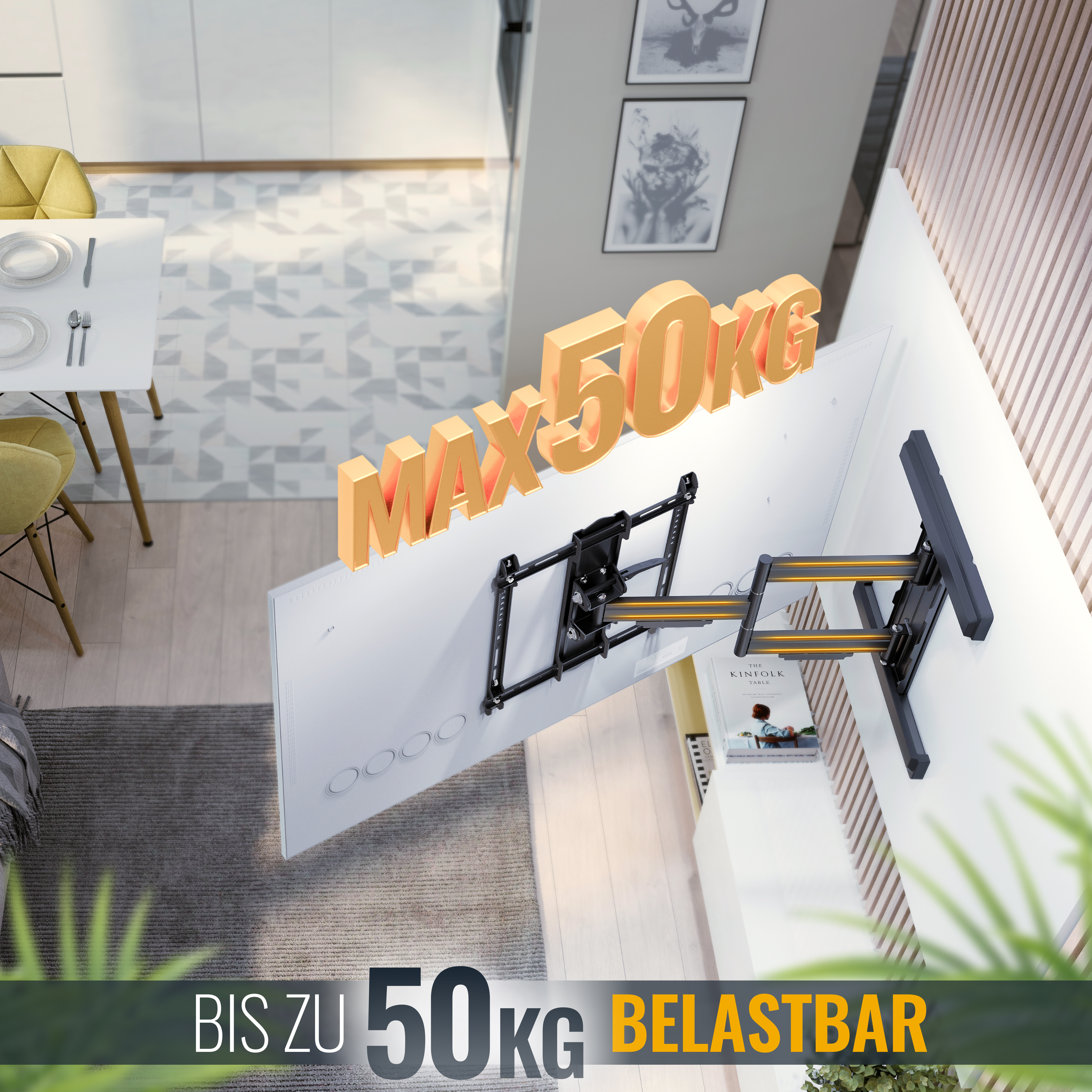 Wand-TV-Halterung, max. 50 kg, schwarz und gelb, in einem modernen Wohnzimmer.
