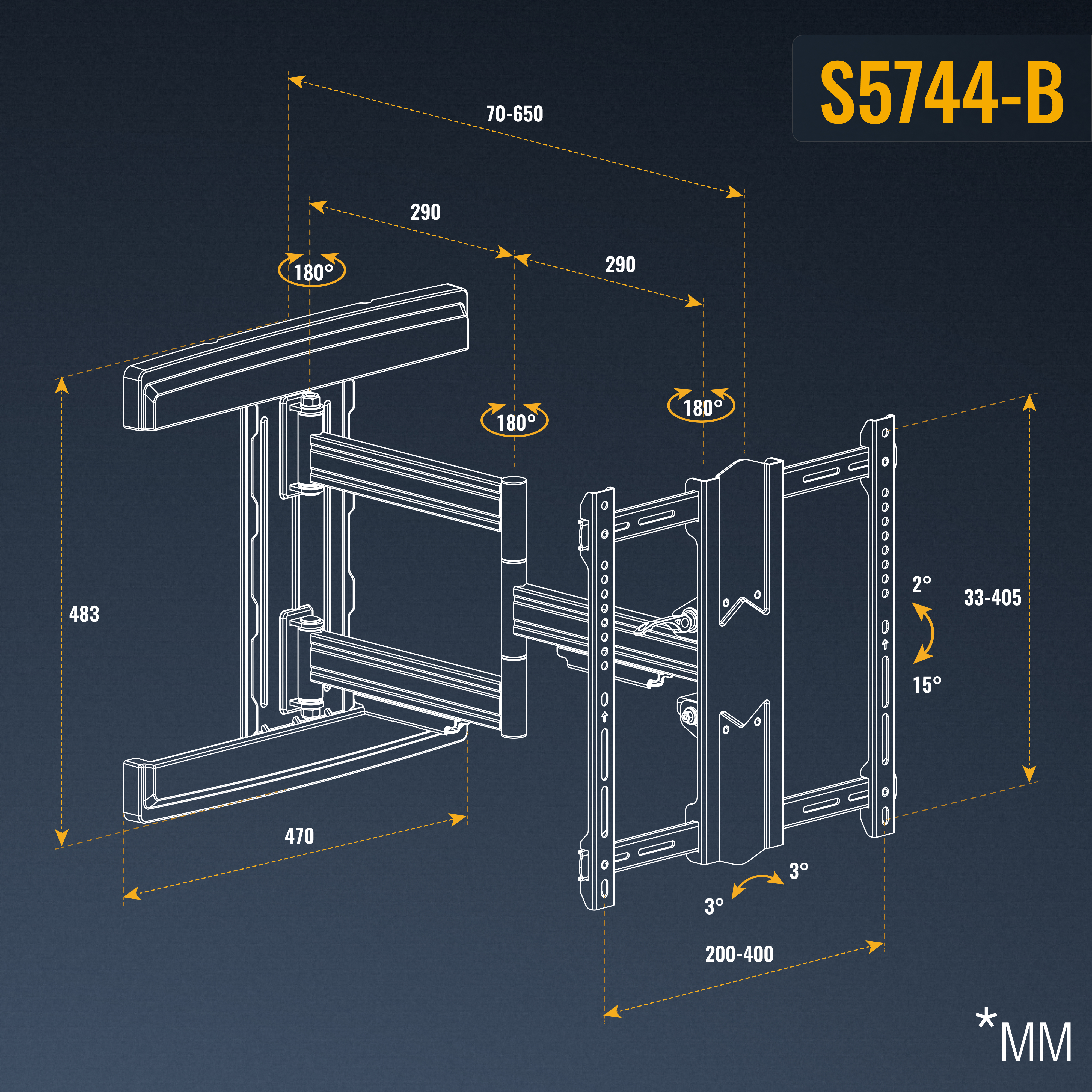 Technische Zeichnung einer TV-Halterung, Maße und Winkel, Modell S5744-B.