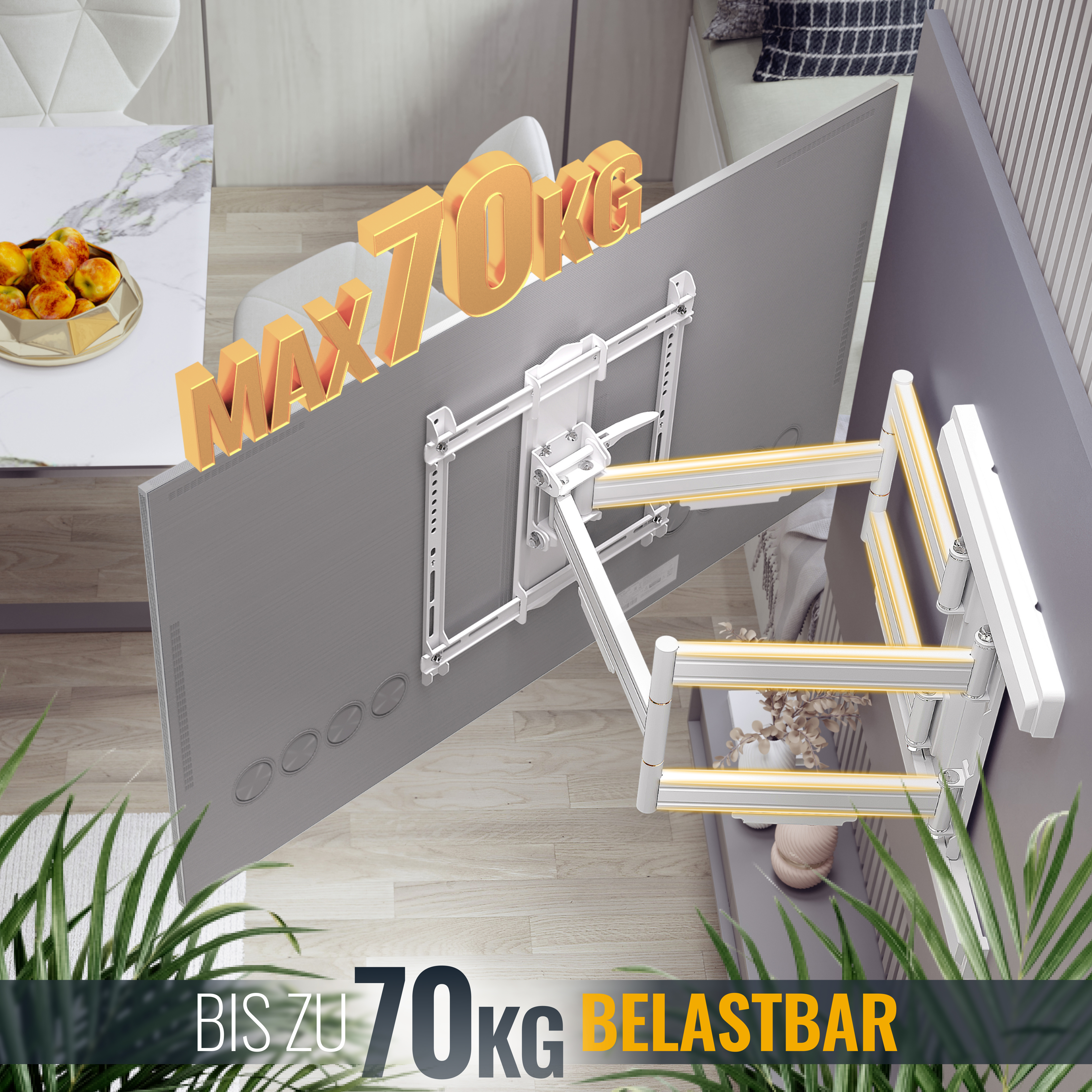 Eine technische Zeichnung einer TV-Wandhalterung, die Abmessungen und Winkel auf blauem Hintergrund zeigt.