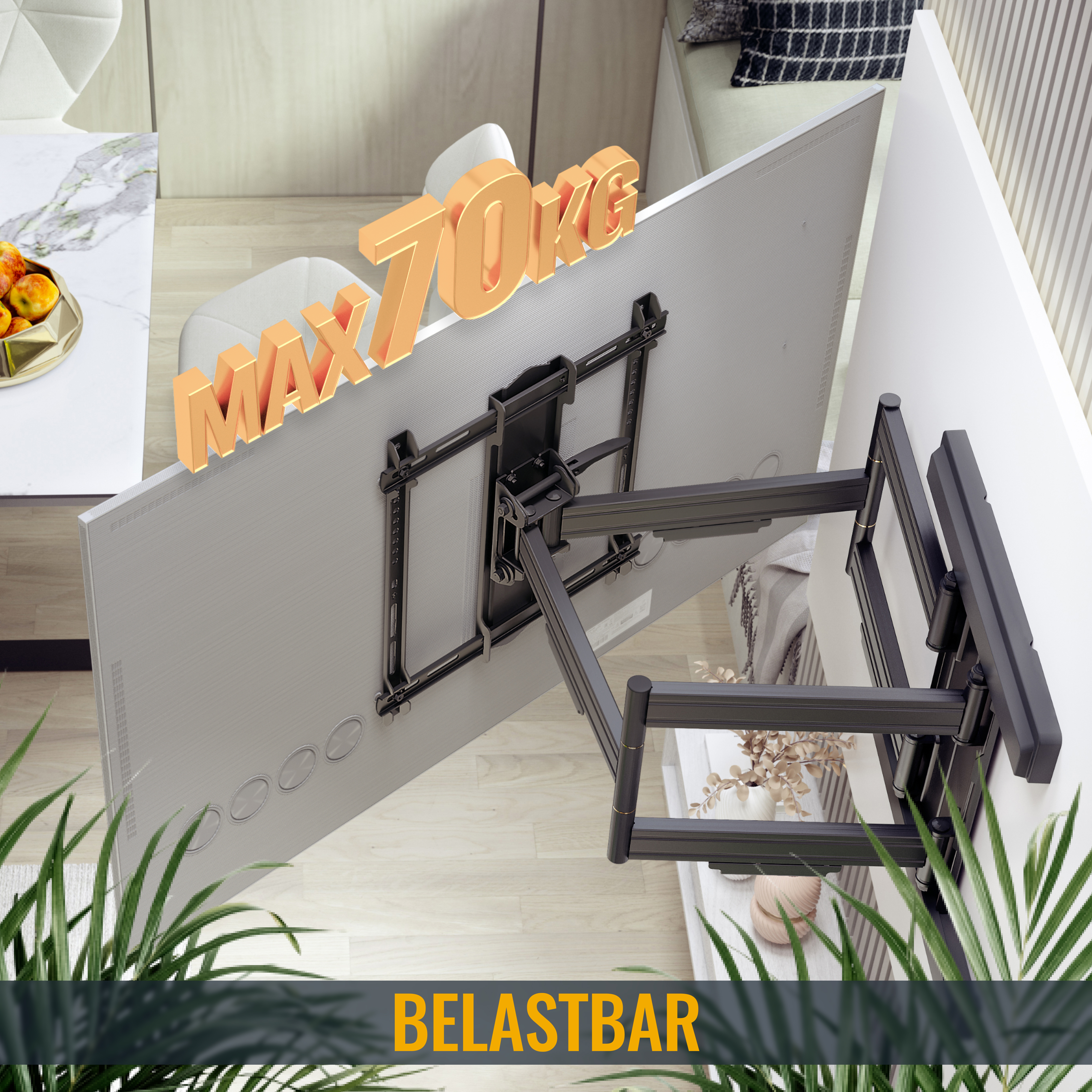 Ein grauer Fernseher mit einer schwarzen Halterung an einer Wand mit Pflanzen und einem Ecksofa im Hintergrund.