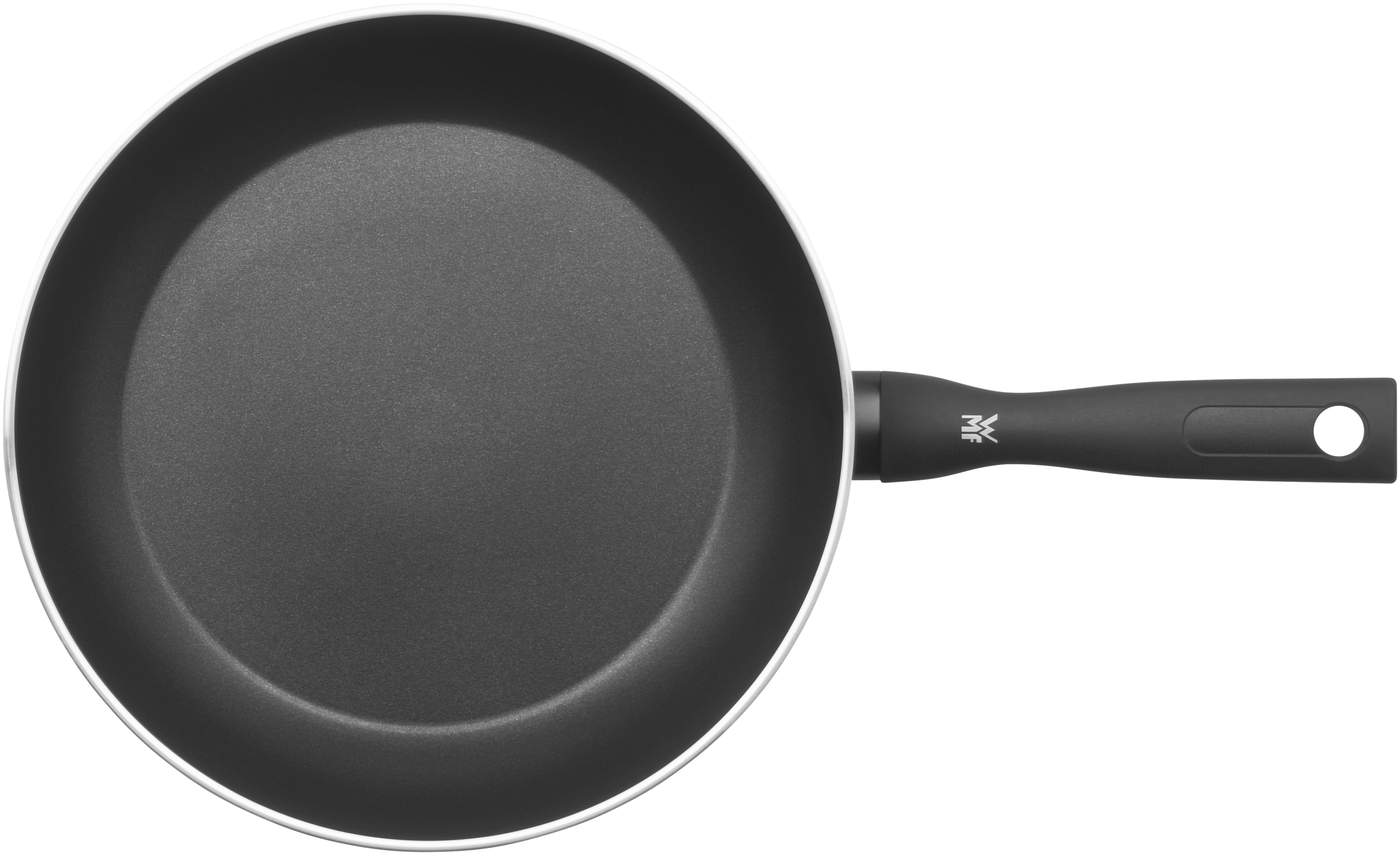 Draufsicht auf eine schwarze Bratpfanne mit schwarzem Griff auf schwarzem Hintergrund.