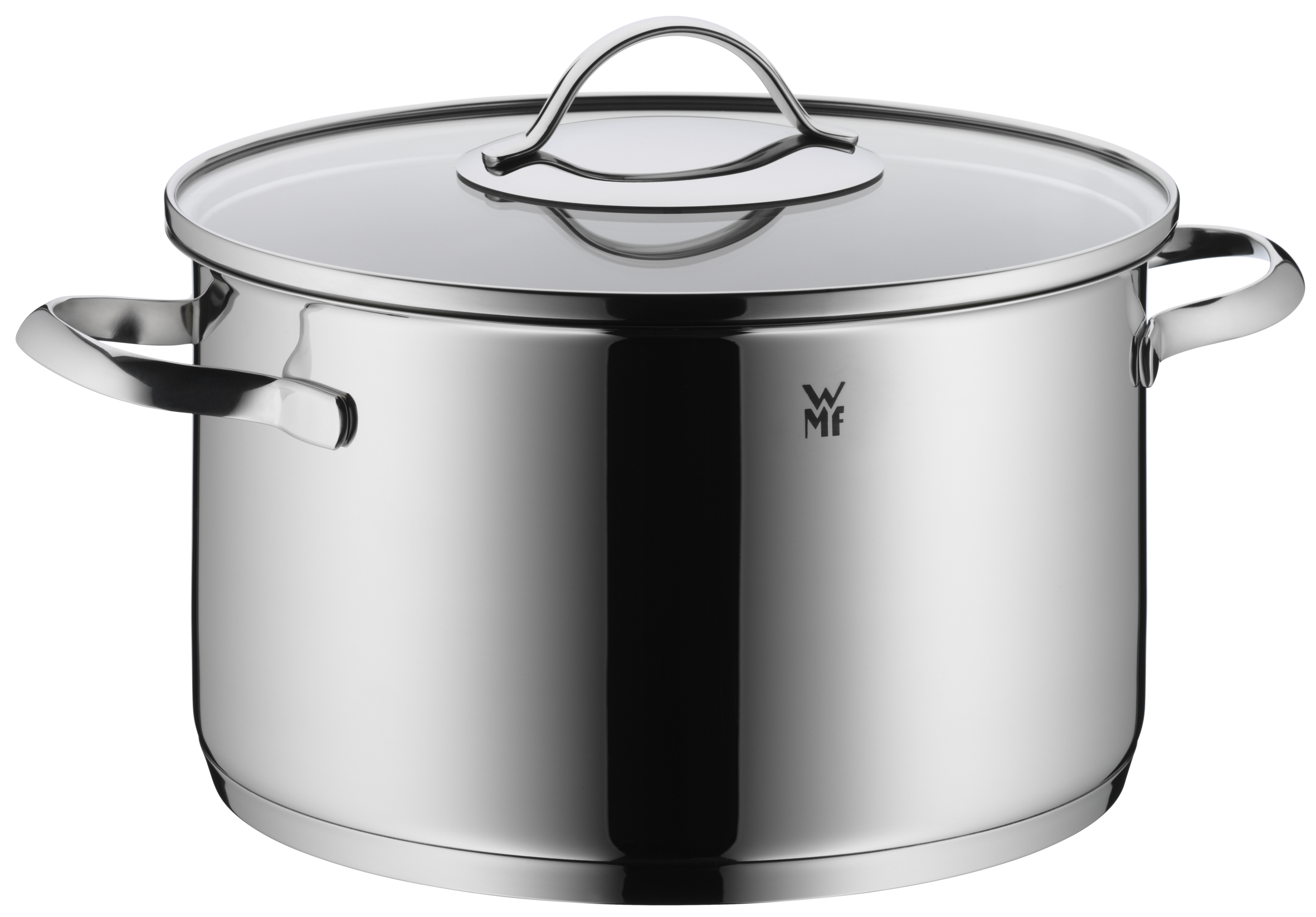 Une casserole en acier inoxydable avec un couvercle en verre et deux poignées. Fond noir.