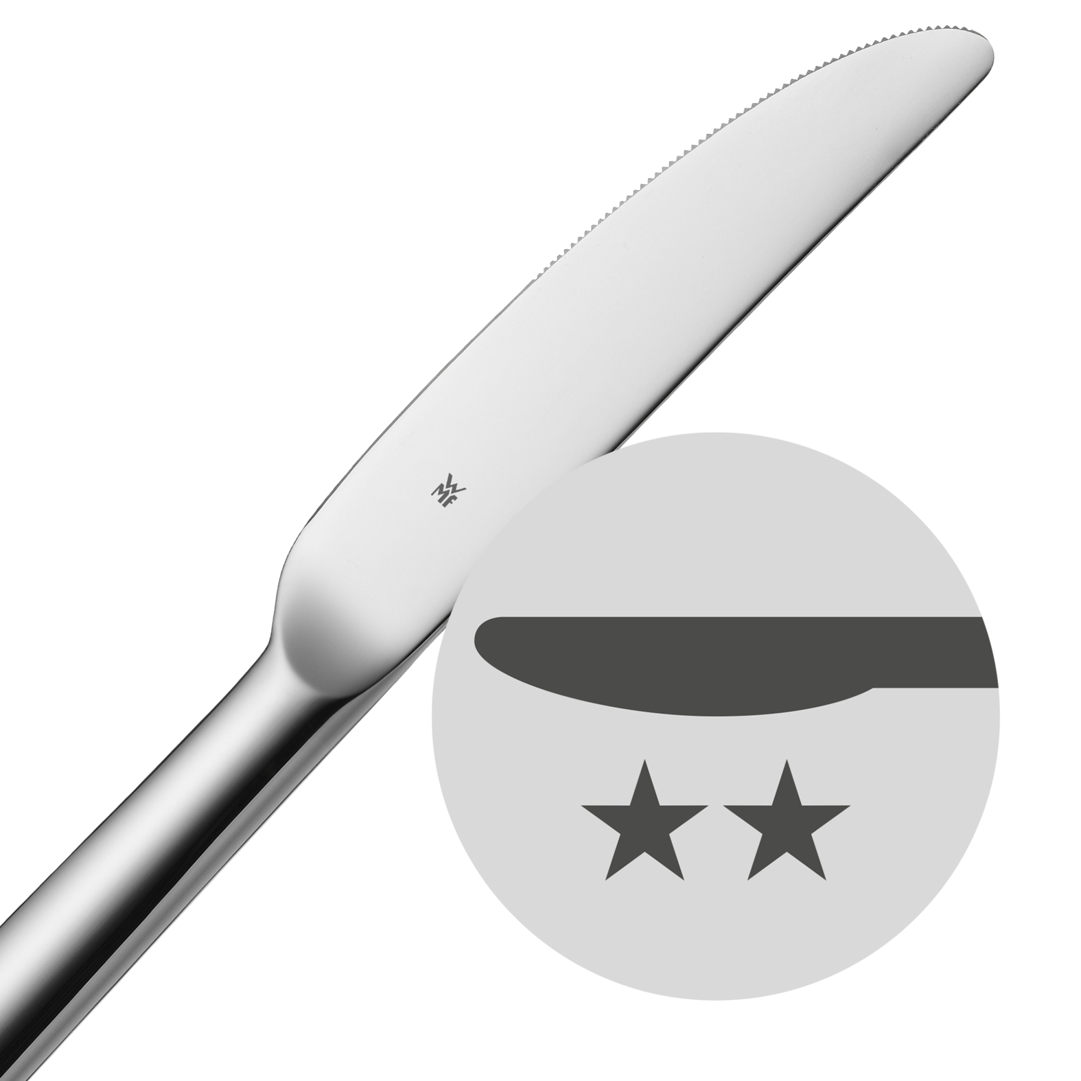 Zbliżenie ząbkowanego noża. Okrągła wstawka pokazuje szczegóły ostrza i gwiazdy.