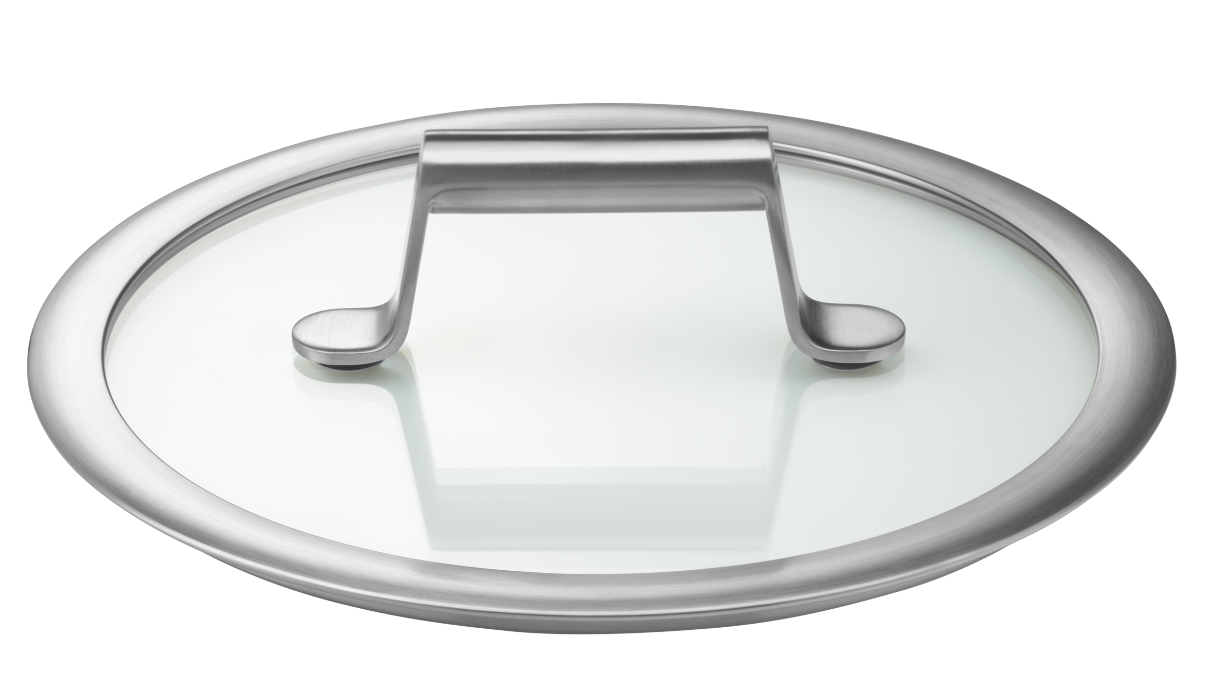 Ein Glasdeckel mit Edelstahlgriff, isoliert auf schwarzem Hintergrund.