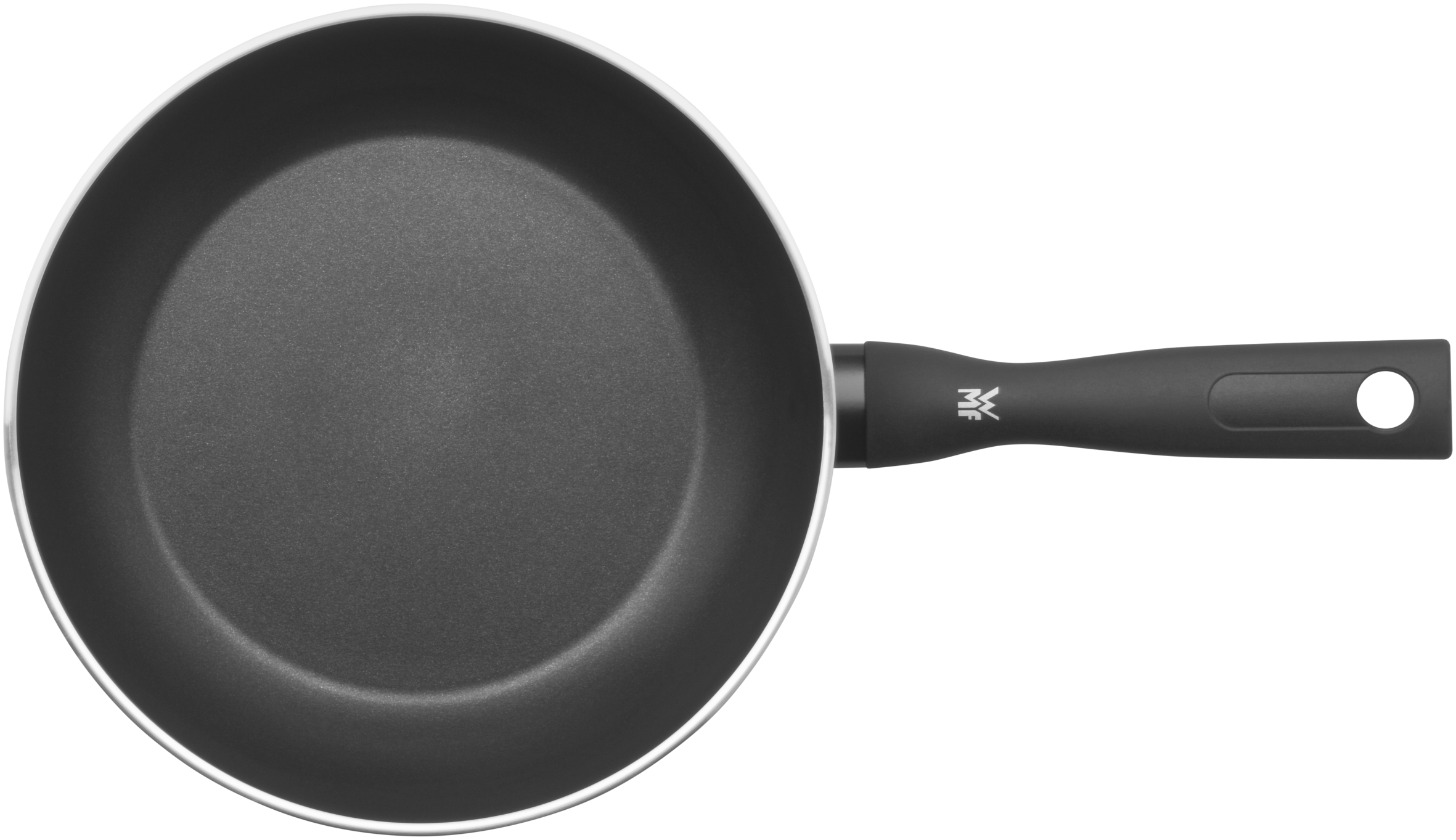 Draufsicht auf eine schwarze Bratpfanne mit einem einzigen Griff.