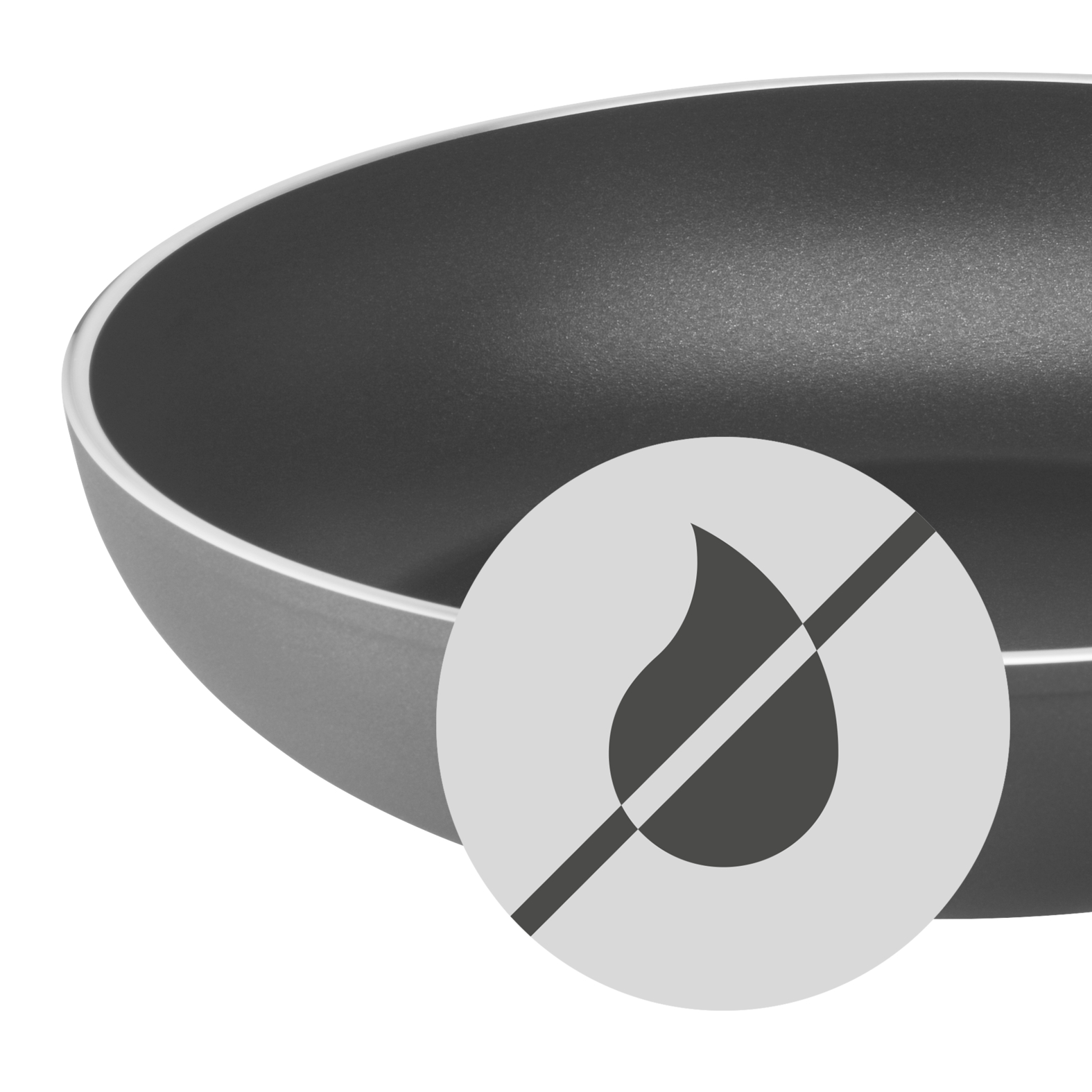 Zbliżenie patelni z powierzchnią nieprzywierającą. Nałożona ikona bez płomienia.