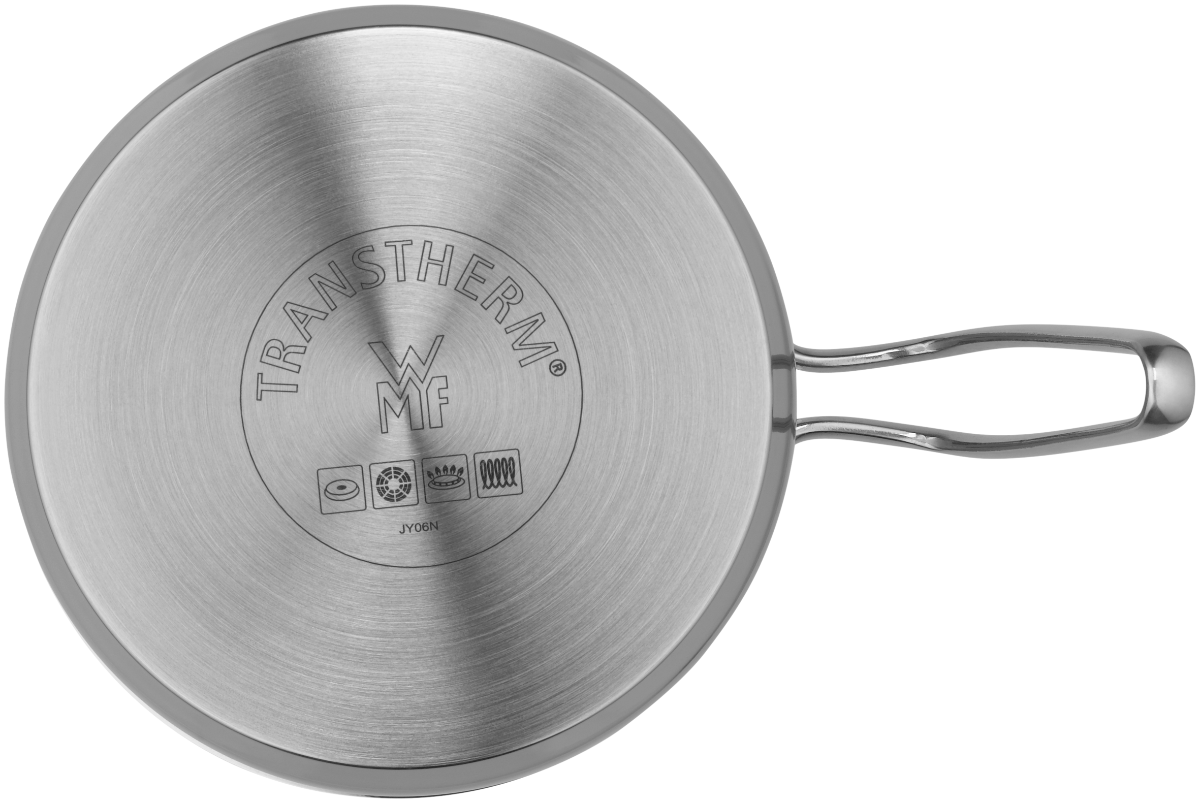 Unterseite einer Edelstahlpfanne mit TransTherm-Boden und Logo mit Symbolen.