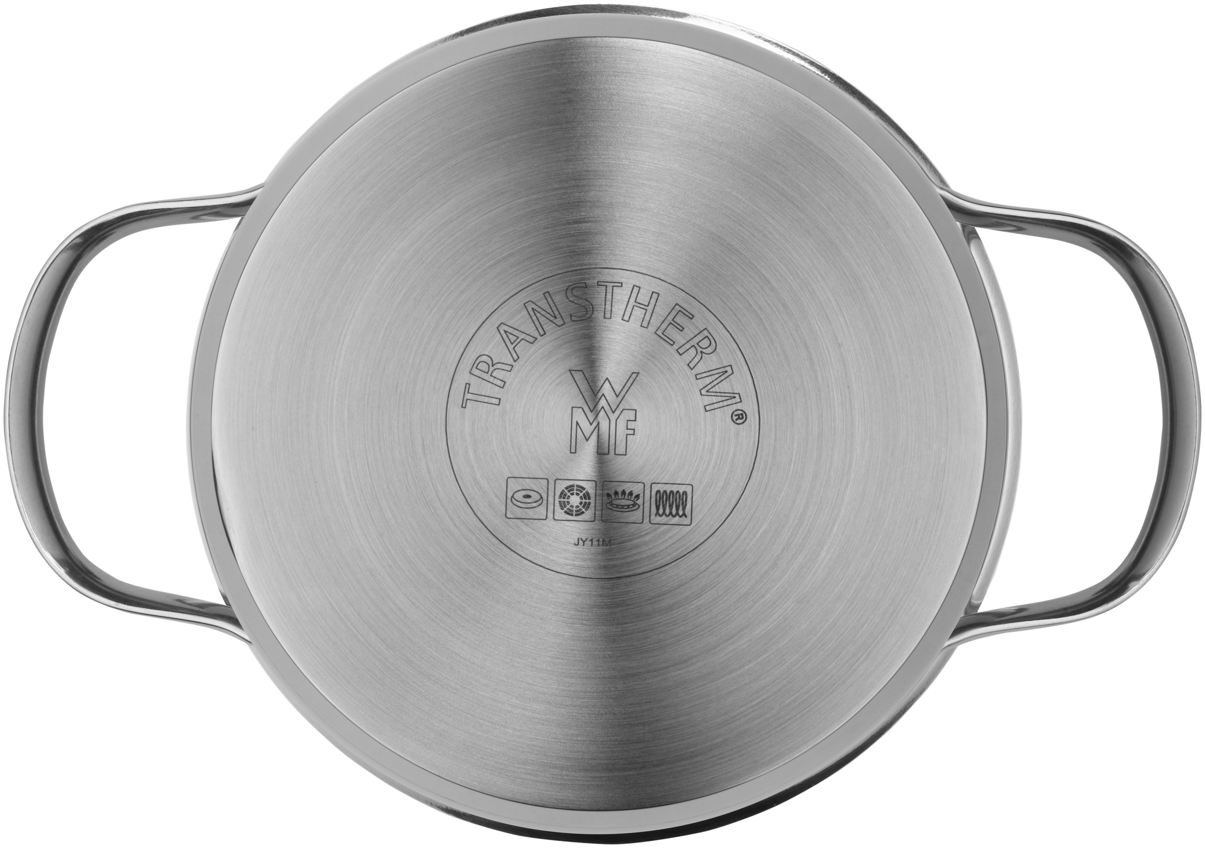 Boden eines Edelstahltopfes mit TransTherm-Boden und WMF-Logo.