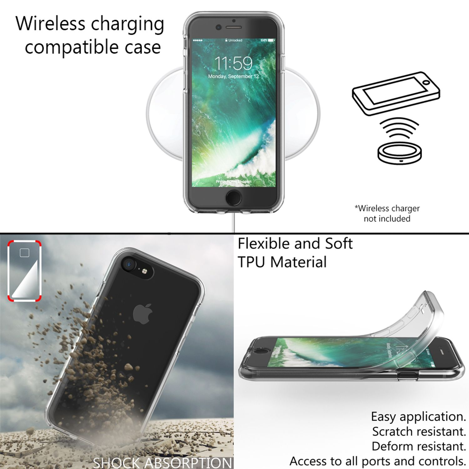 Transparente Handyhülle mit Telefon auf einem weißen kabellosen Ladegerät. Text: Kompatible kabellose Aufladung.