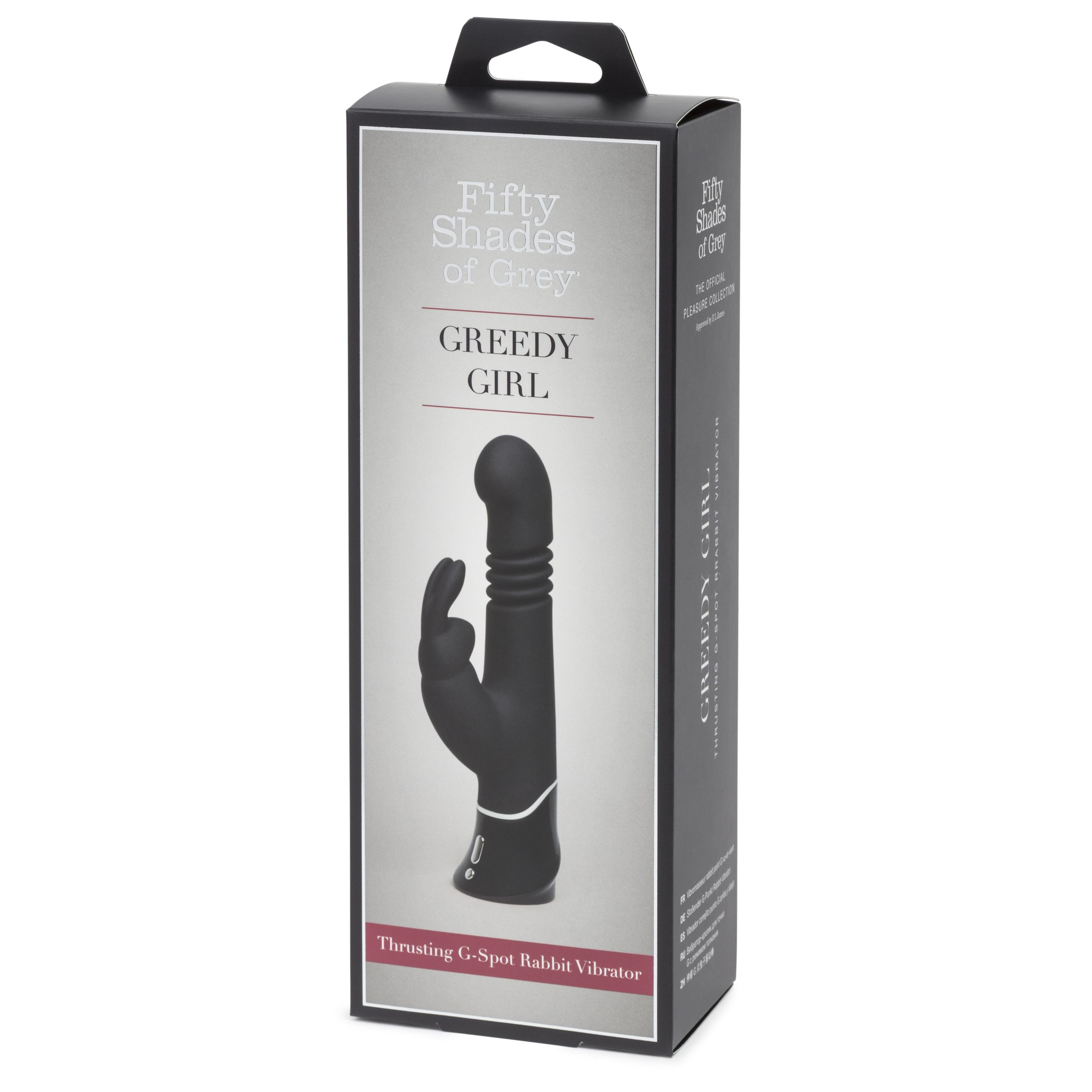 Eine schwarze Schachtel mit dem Text Fifty Shades of Grey Greedy Girl. Enthält einen schwarzen Hasenvibrator. Die Box steht auf einer weißen Oberfläche.