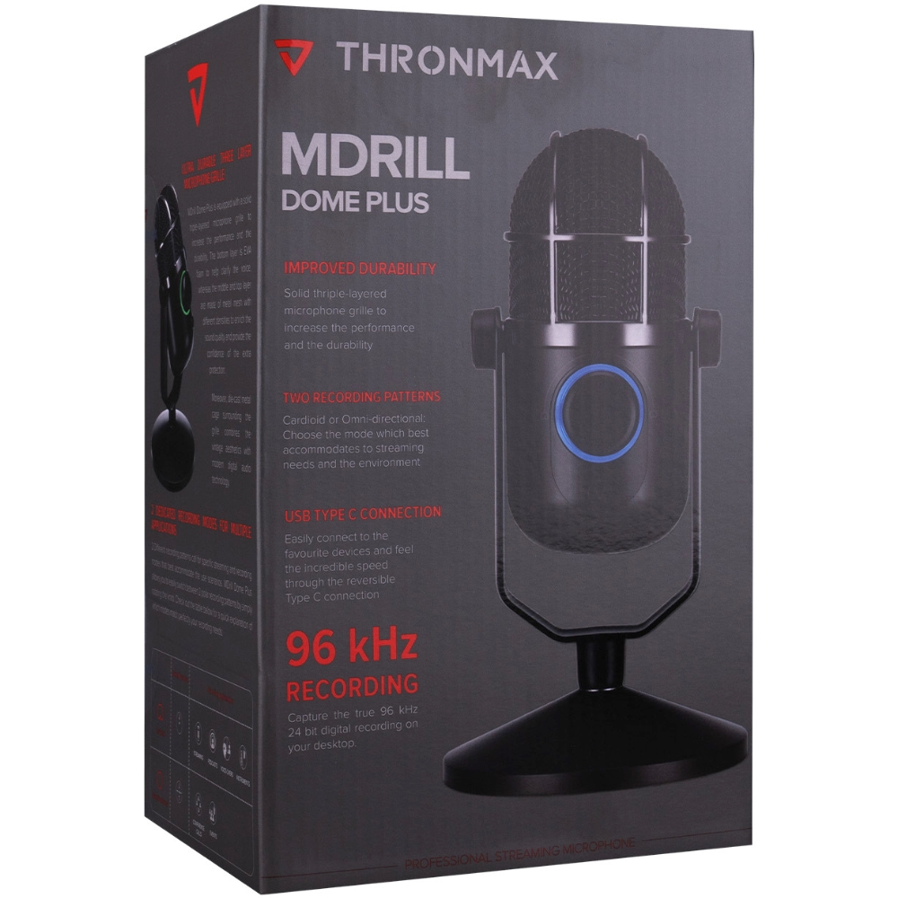 Una scatola per microfono Thronmax MDRILL Dome Plus. Microfono nero con anello blu su supporto. Testo sulla scatola: registrazione a 96 kHz.