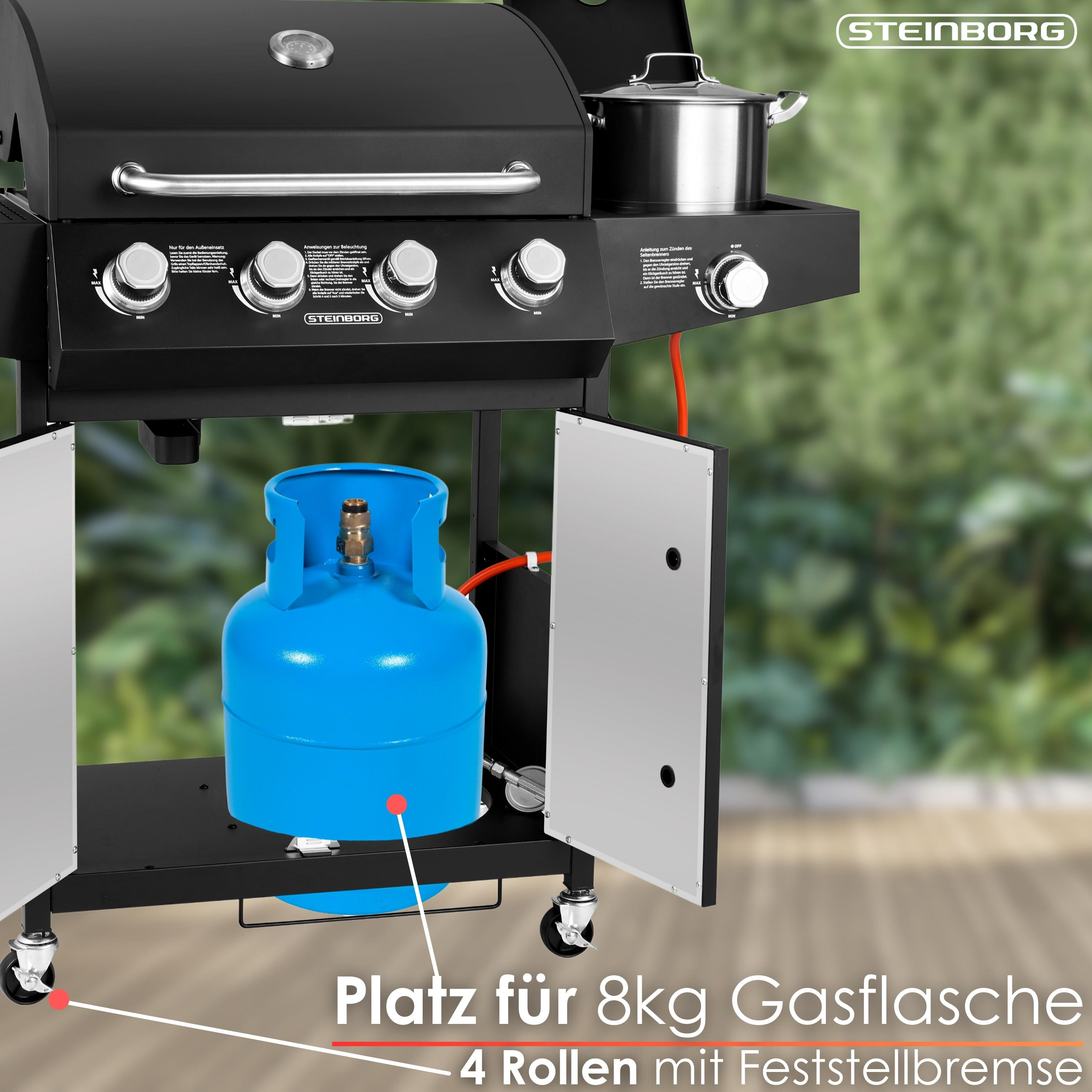 Schwarzer Grill mit Gasflasche, Topf und Rädern. Er hat Knöpfe und ein Thermometer.